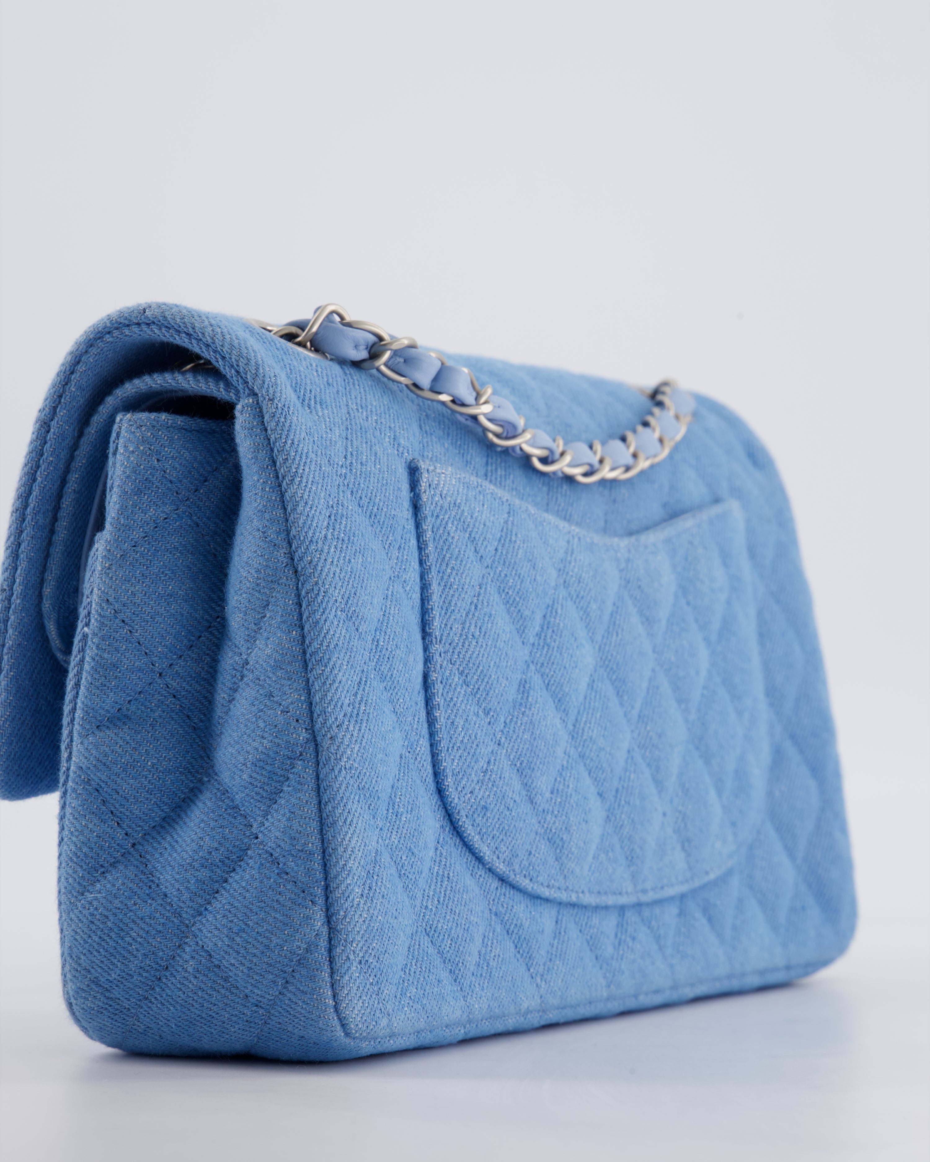 Chanel 25C Medium Double Flap Bag in Light Blue Denim with Brushed Silver Hardware