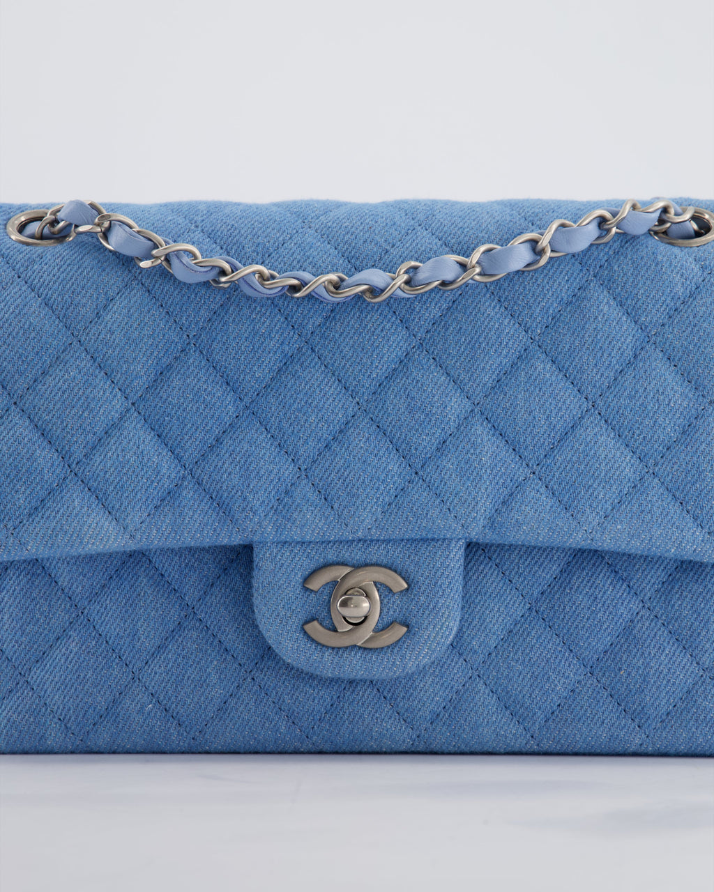 Chanel 25C Medium Double Flap Bag in Light Blue Denim with Brushed Silver Hardware