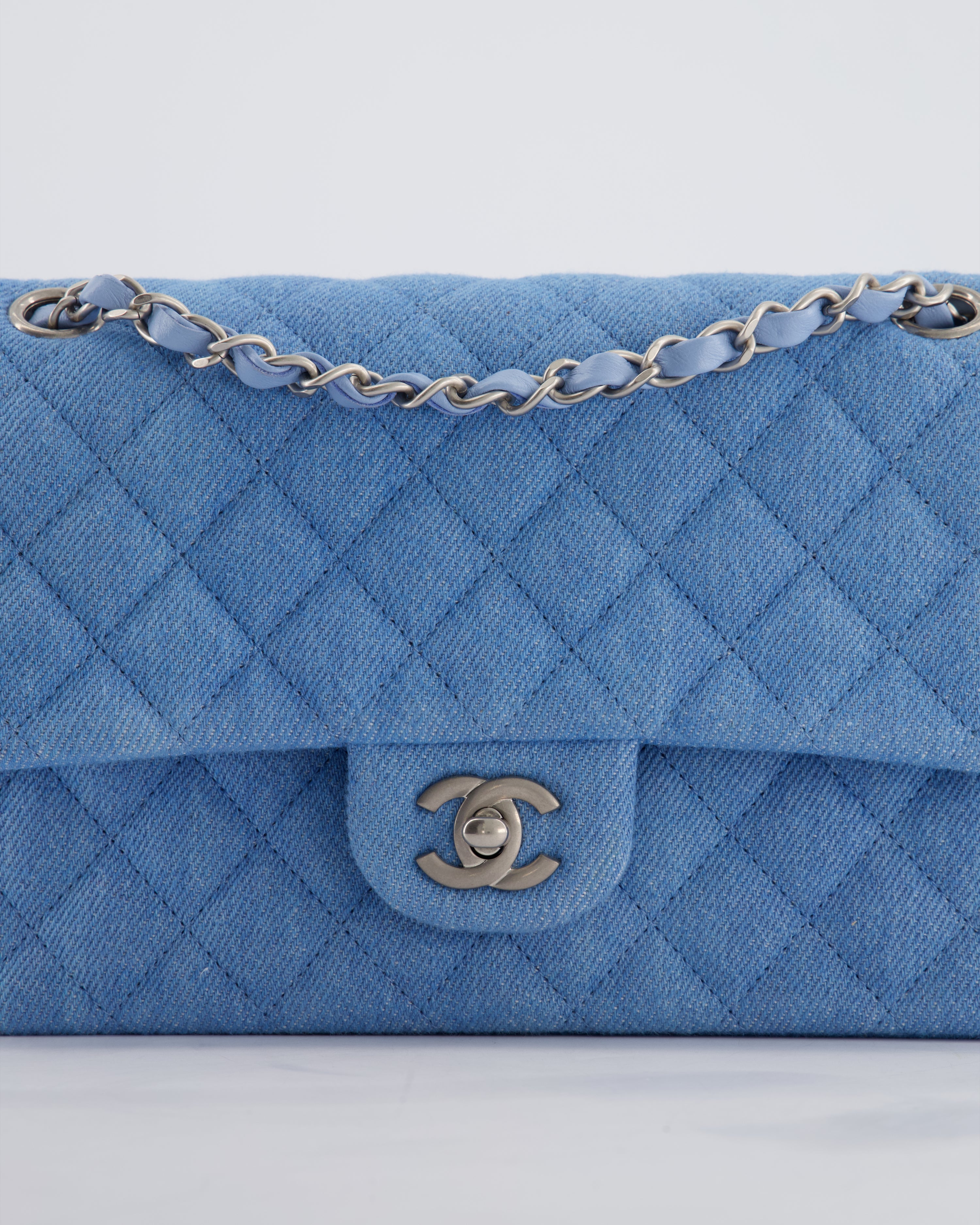 Chanel 25C Medium Double Flap Bag in Light Blue Denim with Brushed Silver Hardware
