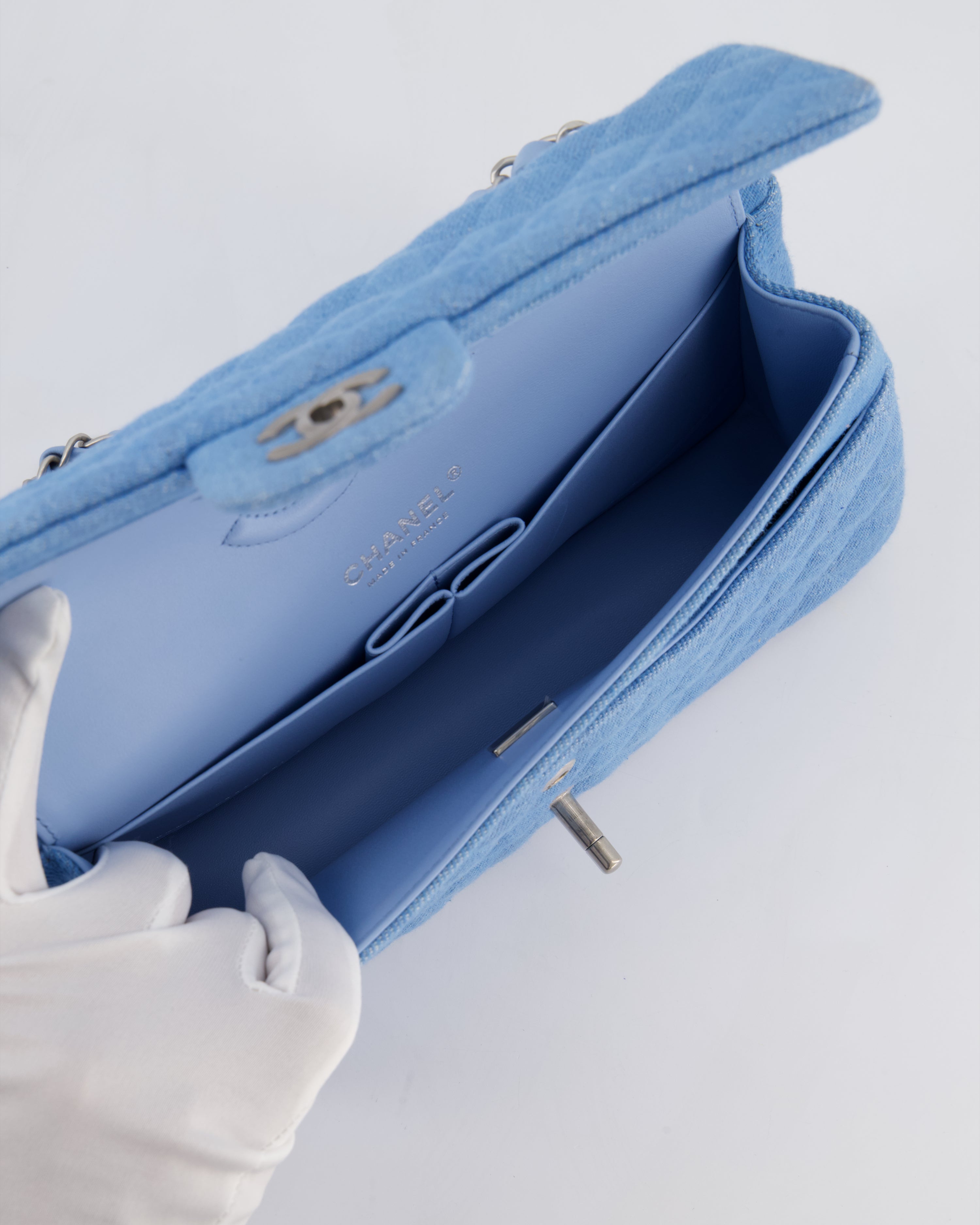 Chanel 25C Medium Double Flap Bag in Light Blue Denim with Brushed Silver Hardware