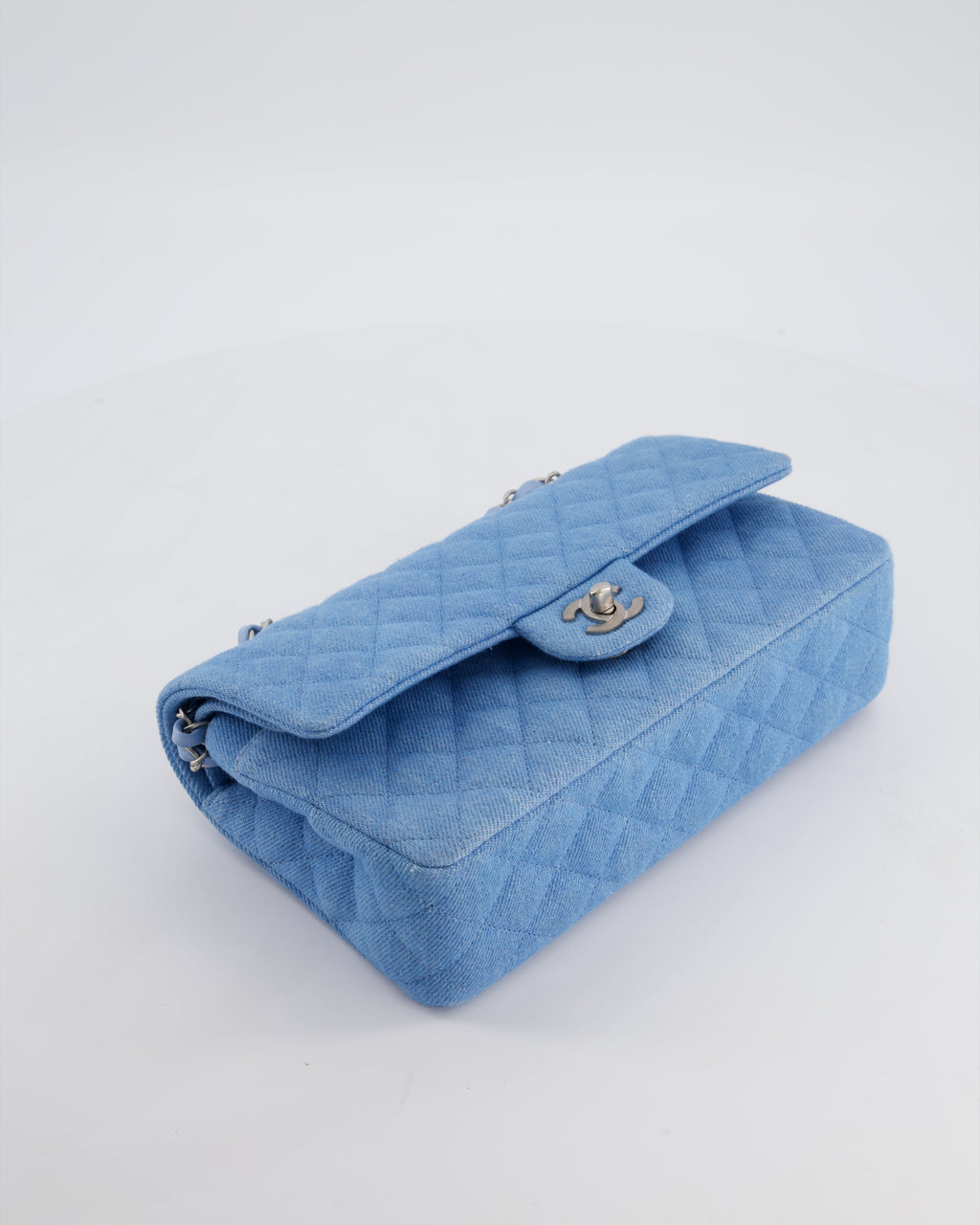 Chanel 25C Medium Double Flap Bag in Light Blue Denim with Brushed Silver Hardware