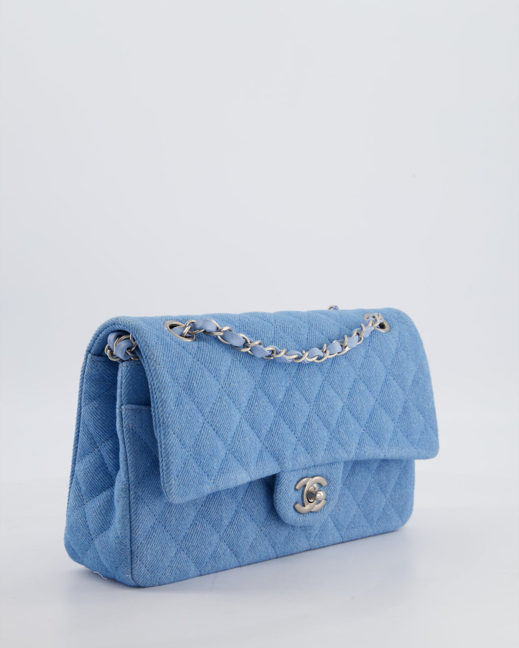 Chanel 25C Medium Double Flap Bag in Light Blue Denim with Brushed Silver Hardware