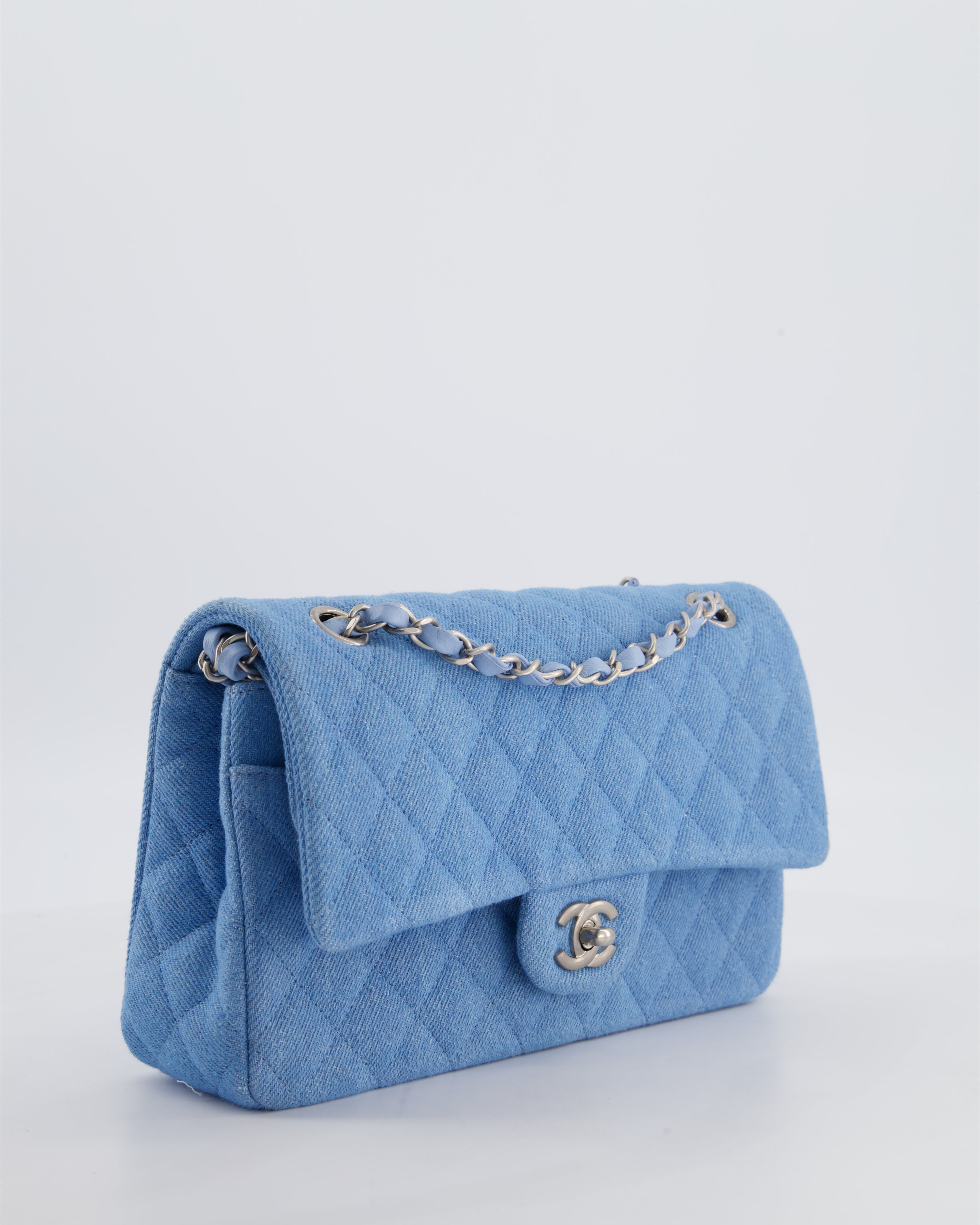 Chanel 25C Medium Double Flap Bag in Light Blue Denim with Brushed Silver Hardware
