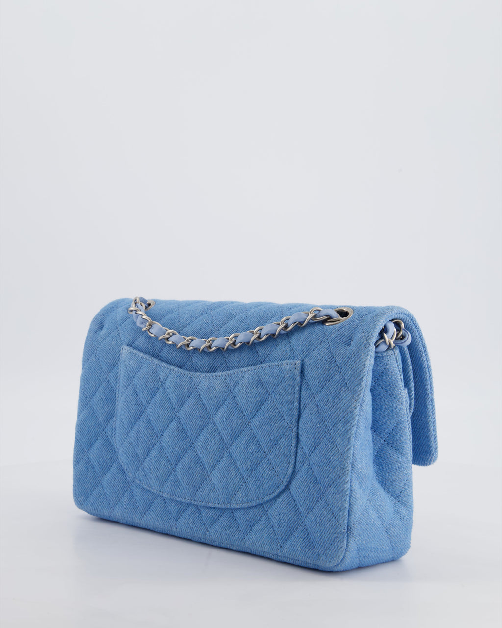 Chanel 25C Medium Double Flap Bag in Light Blue Denim with Brushed Silver Hardware