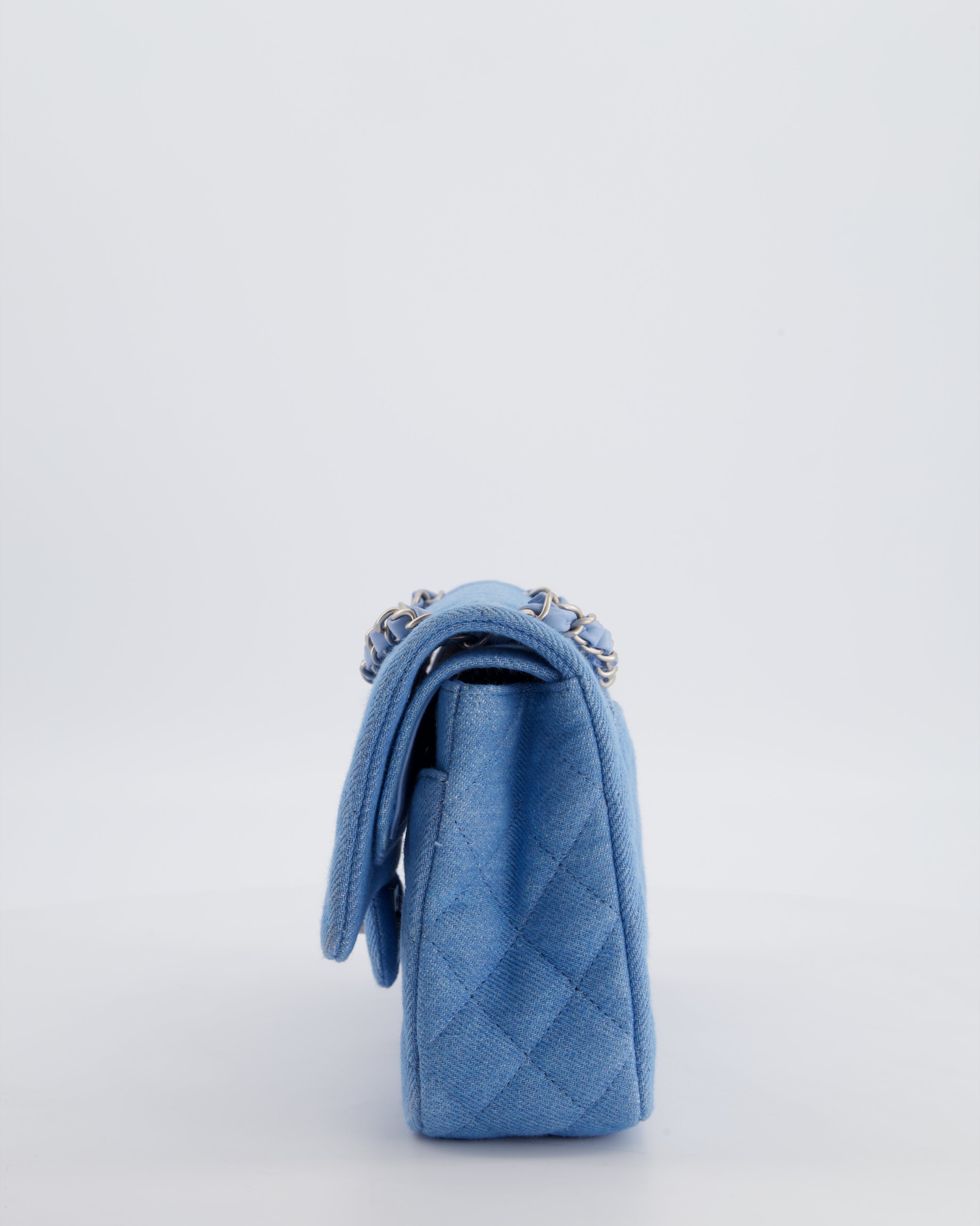 Chanel 25C Medium Double Flap Bag in Light Blue Denim with Brushed Silver Hardware