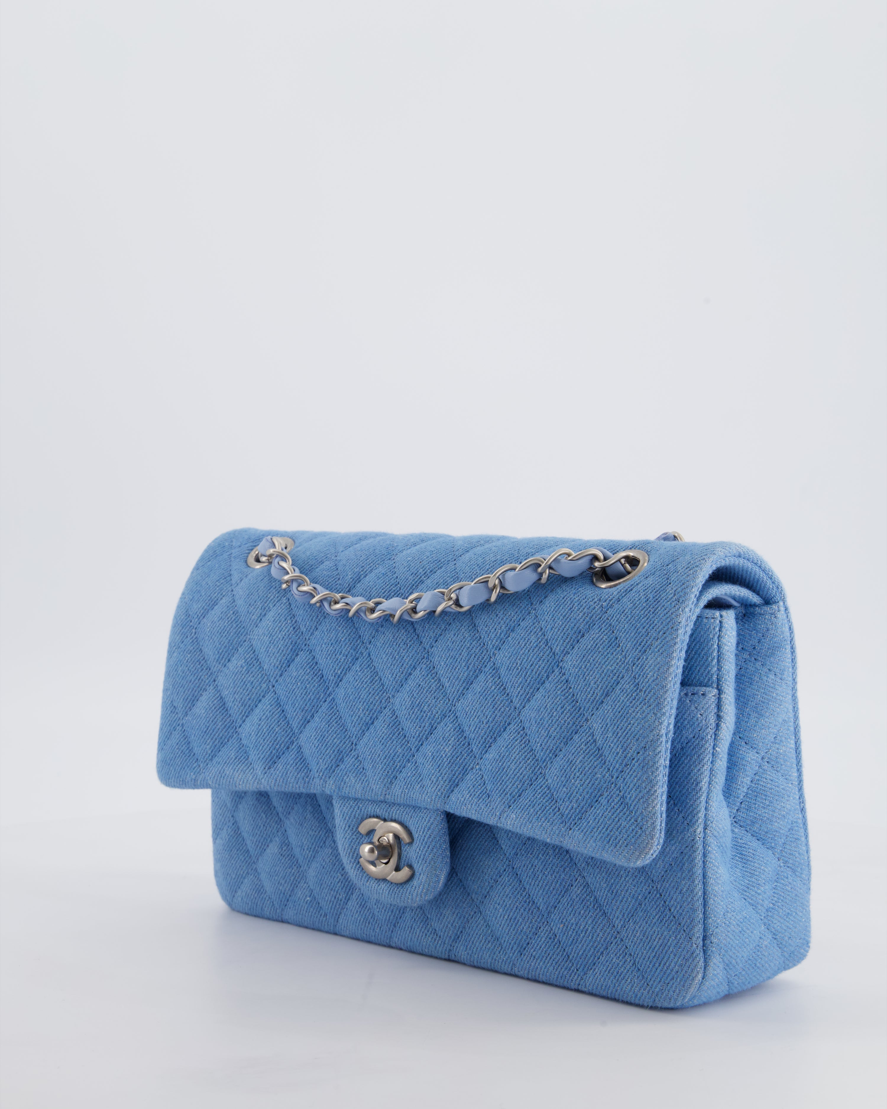 Chanel 25C Medium Double Flap Bag in Light Blue Denim with Brushed Silver Hardware