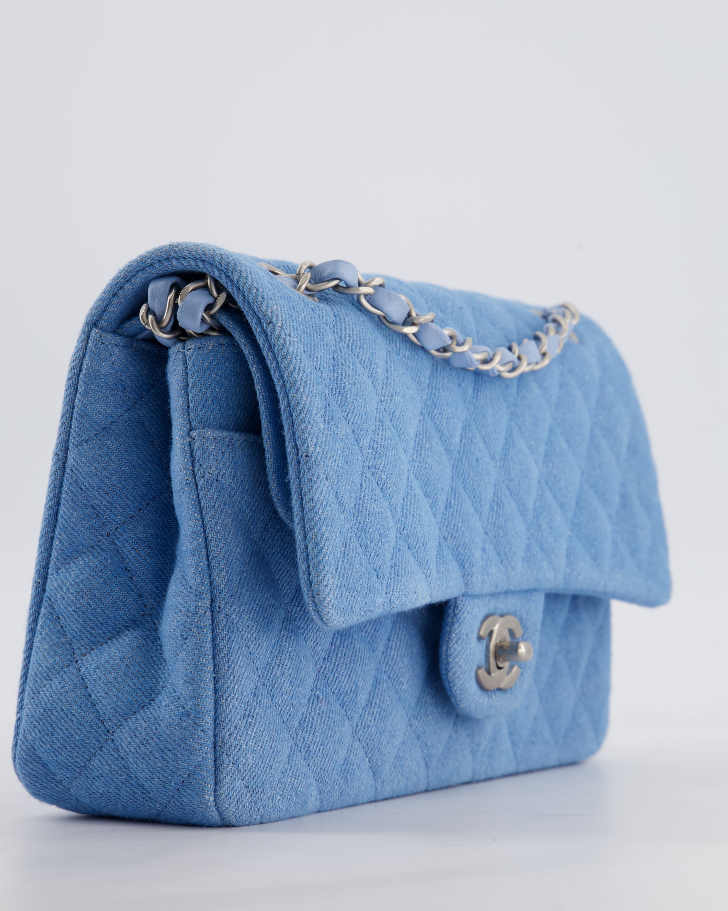 Chanel 25C Medium Double Flap Bag in Light Blue Denim with Brushed Silver Hardware