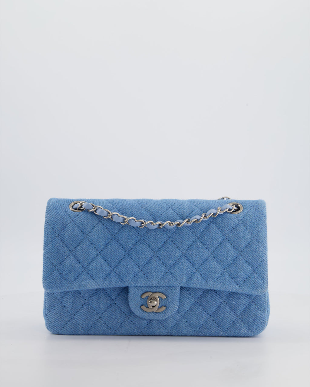 Chanel 25C Medium Double Flap Bag in Light Blue Denim with Brushed Silver Hardware