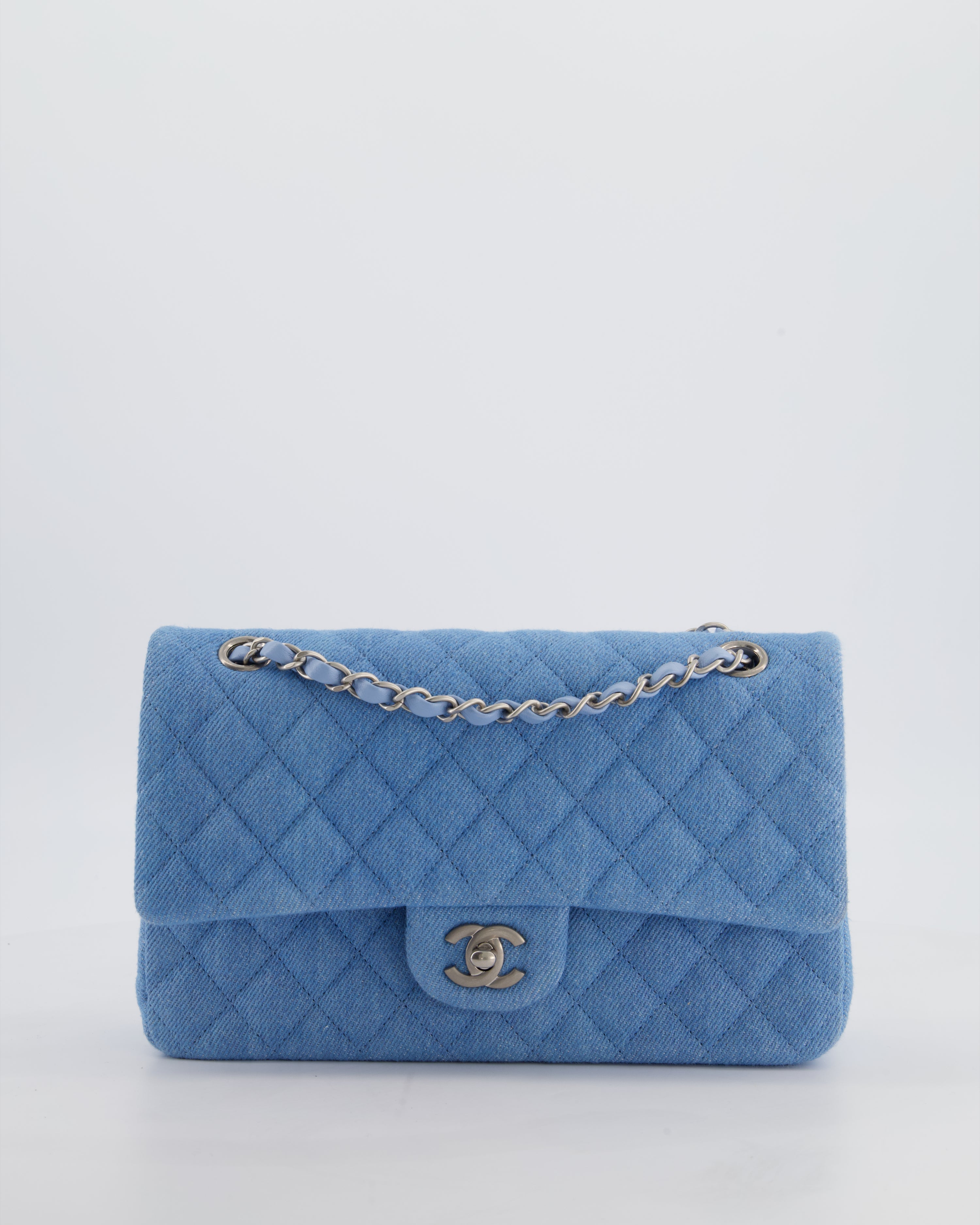 Chanel 25C Medium Double Flap Bag in Light Blue Denim with Brushed Silver Hardware