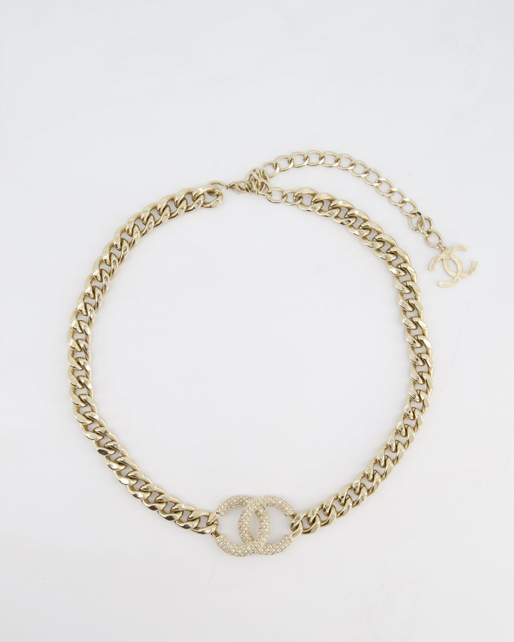Chanel CC Gold Plated Curb Chain Necklace with CC Crystal Logo Detail