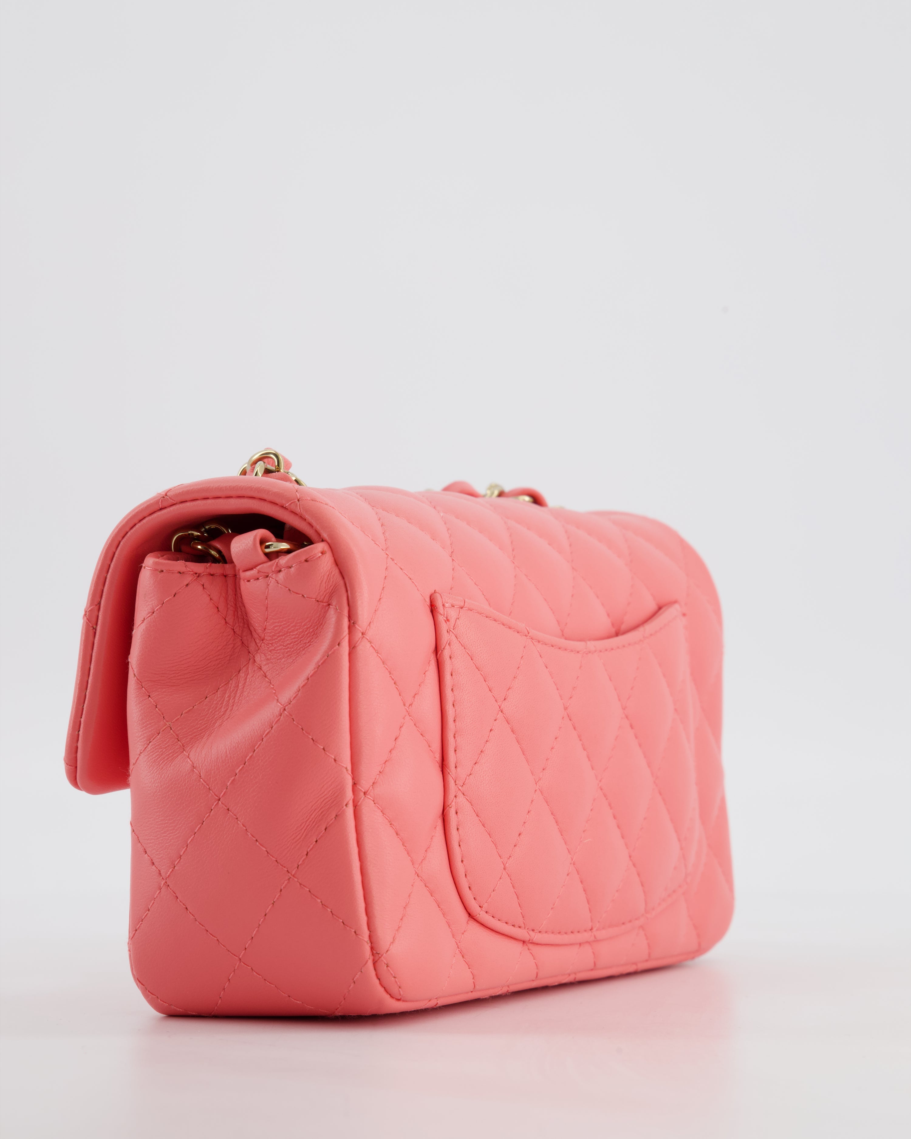 Chanel Classic Mini Rectangular Flap Bag in Hot Pink Lambskin Leather with Champagne Gold Hardware
