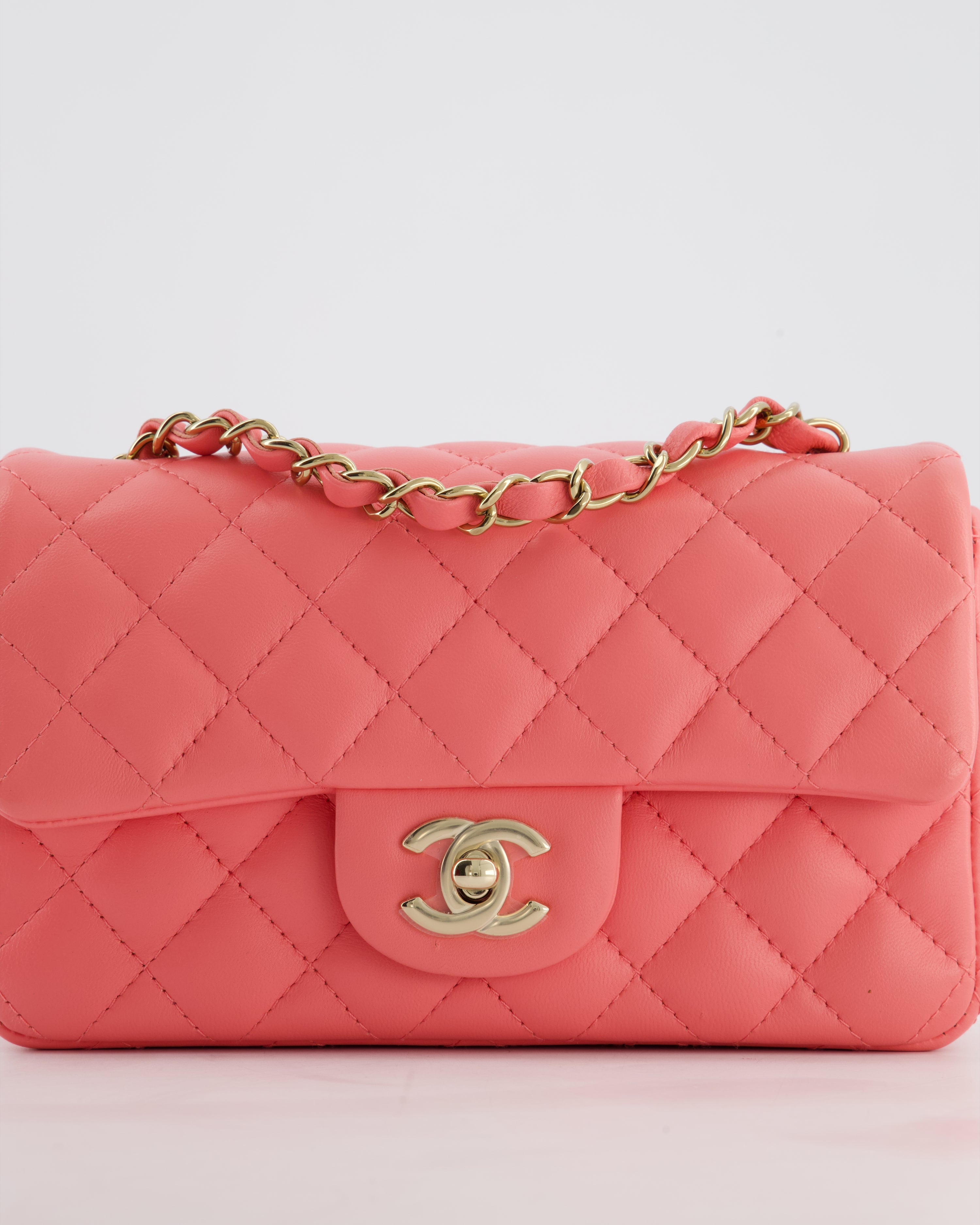 Chanel Classic Mini Rectangular Flap Bag in Hot Pink Lambskin Leather with Champagne Gold Hardware