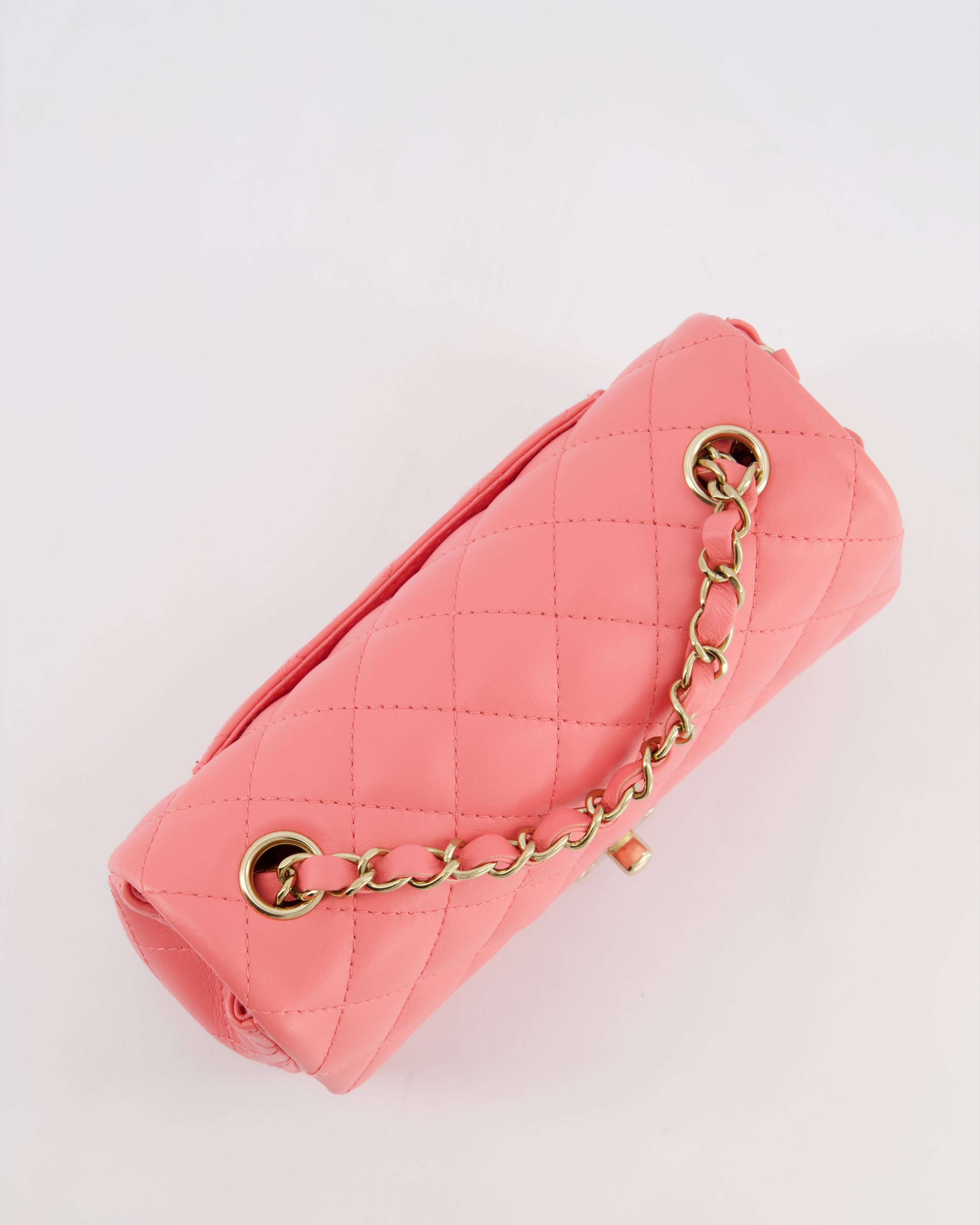 Chanel Classic Mini Rectangular Flap Bag in Hot Pink Lambskin Leather with Champagne Gold Hardware