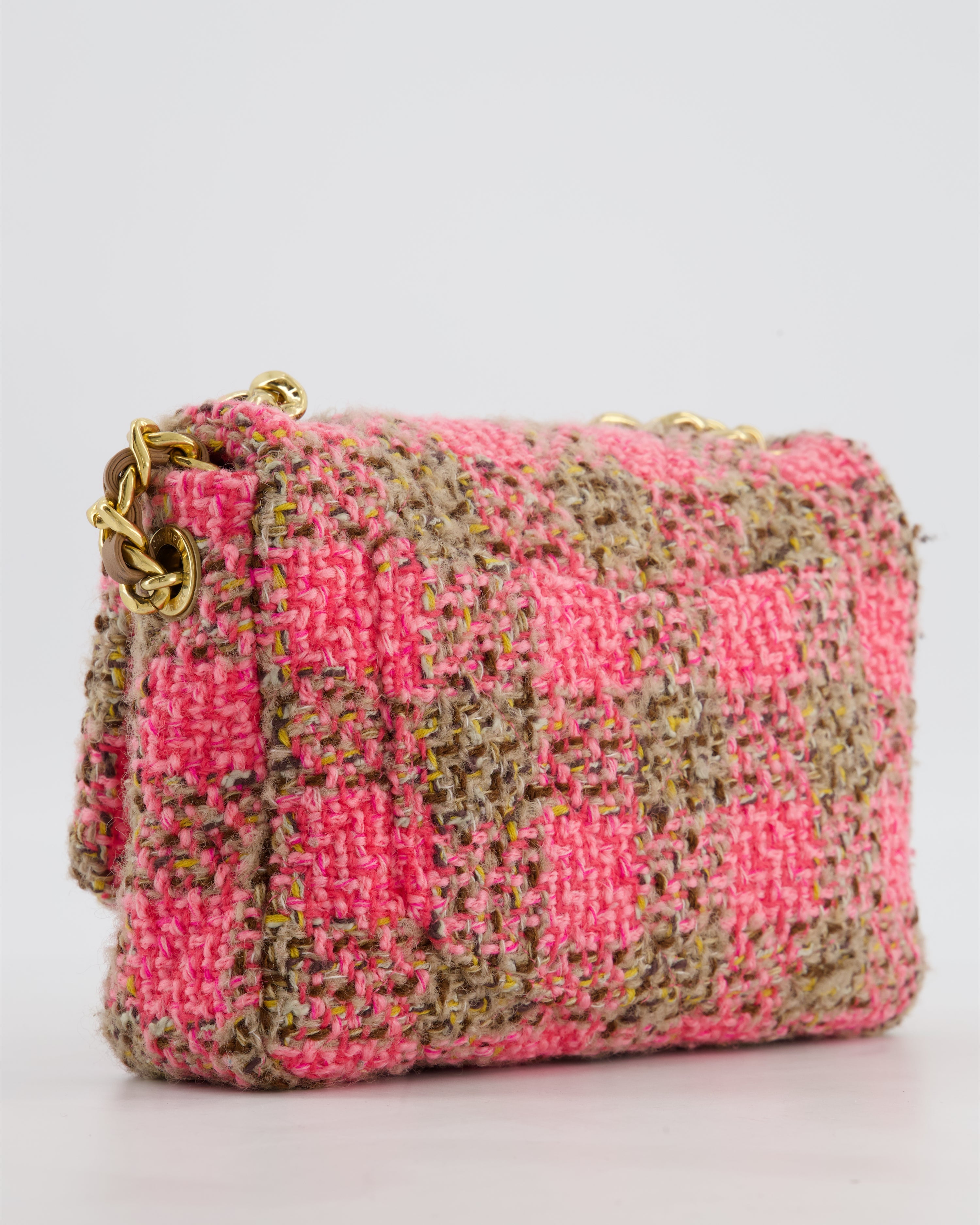 Chanel Mini 19 Flap Bag in Pink, Beige Check Tweed with Gold Hardware and Chunky Gold Chain Handle