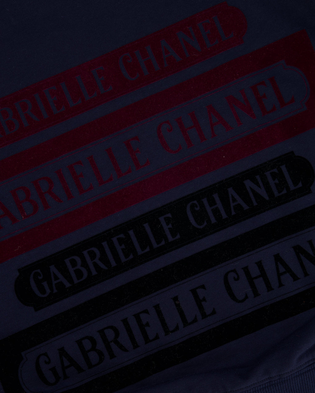 Chanel 17A Navy Crewneck Jumper with Black and Burgundy Velours Gabrielle Chanel Prints and Silver and Black CC Logo Button Detail Size FR 40 (UK 12)