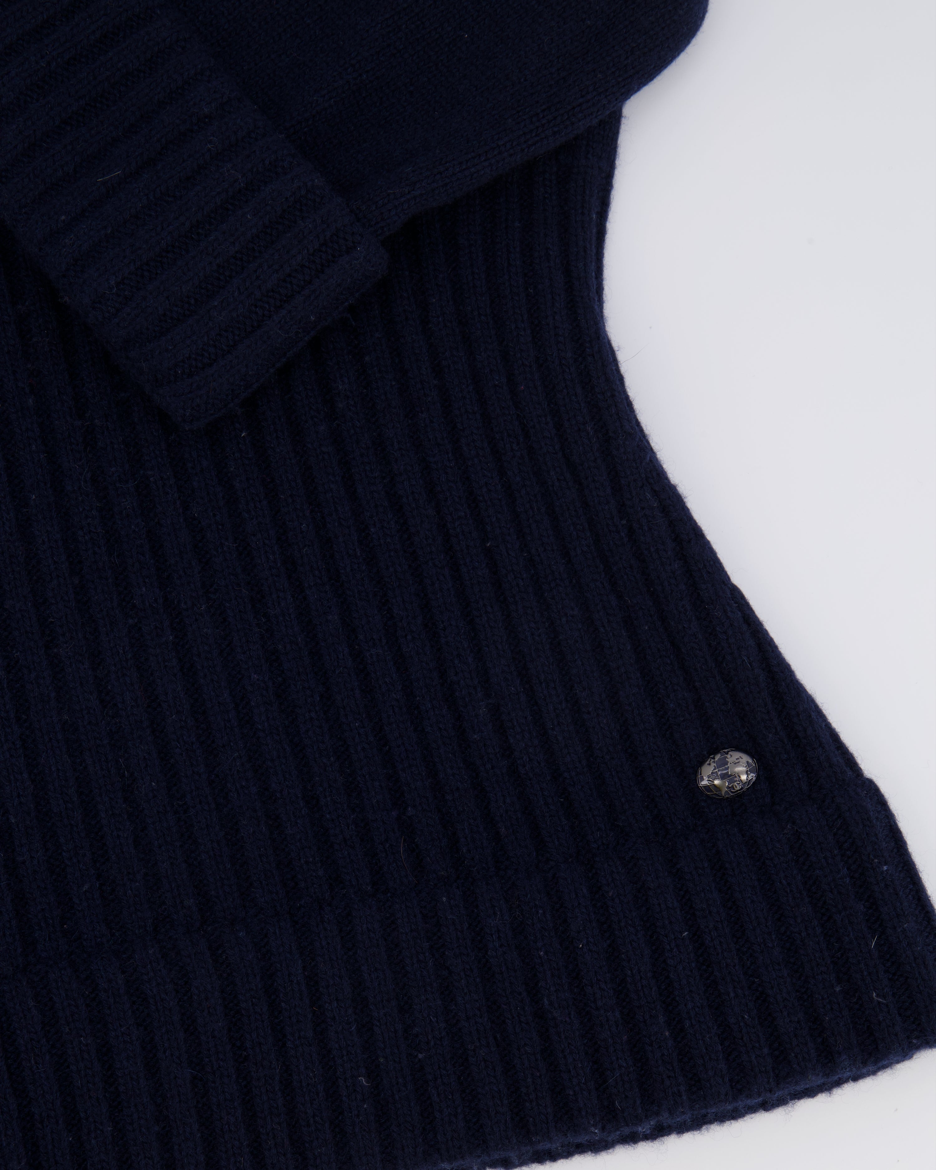 Chanel Fall 2013 Navy Cashmere Jumper with Cuffed Sleeves and Navy and Silver Globe CC Logo Button Detail Size FR 36 (UK 8)