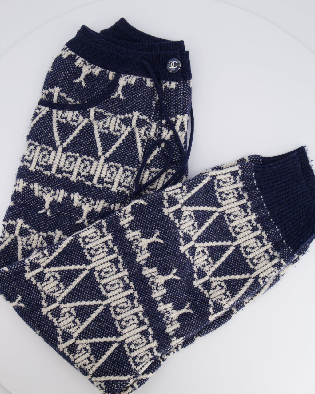 Chanel Cruise 2014 Navy and White Cashmere Knitted Trousers with Abstract Pattern and Silver and Blue Striped CC Logo Button Size FR 34 (UK 6)