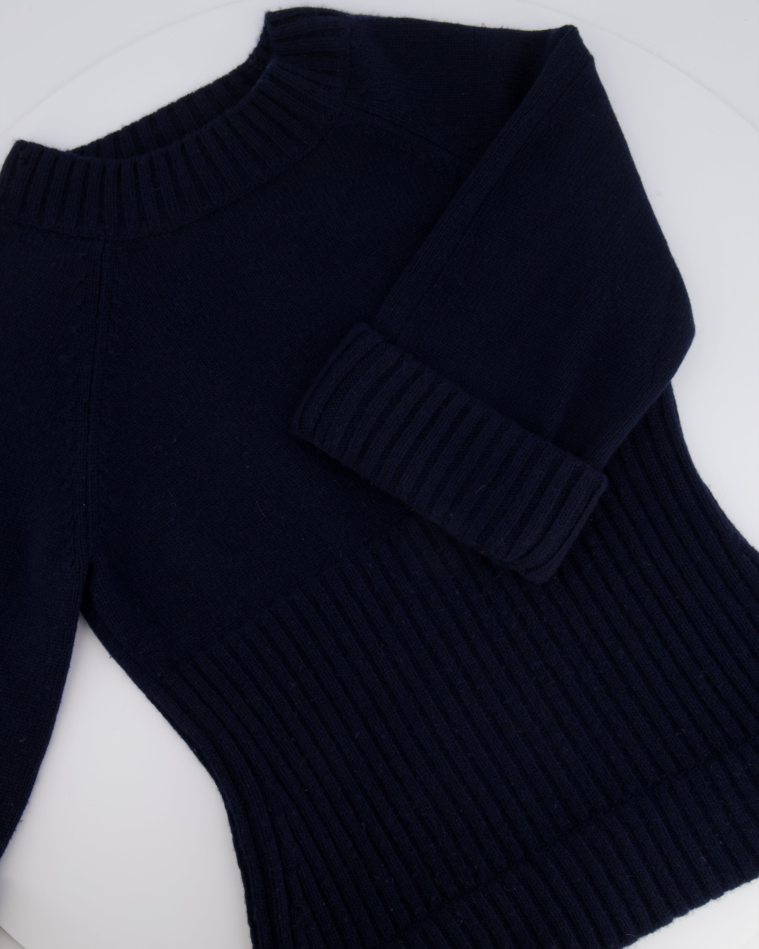 Chanel 17A Navy Crewneck Jumper with Black and Burgundy Velours Gabrielle Chanel Prints and Silver and Black CC Logo Button Detail Size FR 40 (UK 12)