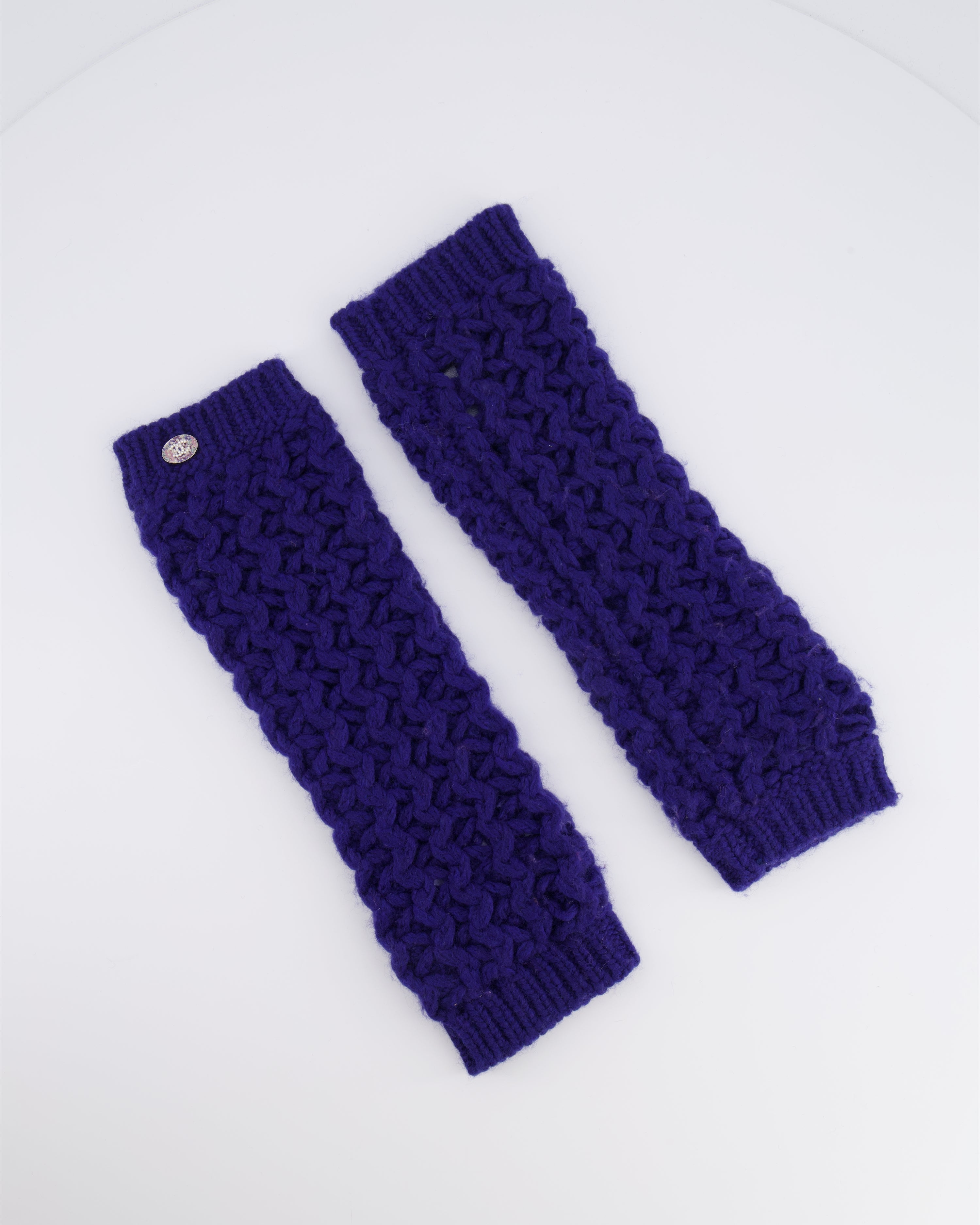 Chanel Resort 2023 Blue Knitted Wool Handwarmers with Multi-Colour Crystal Embellished CC Logo Detail Size S