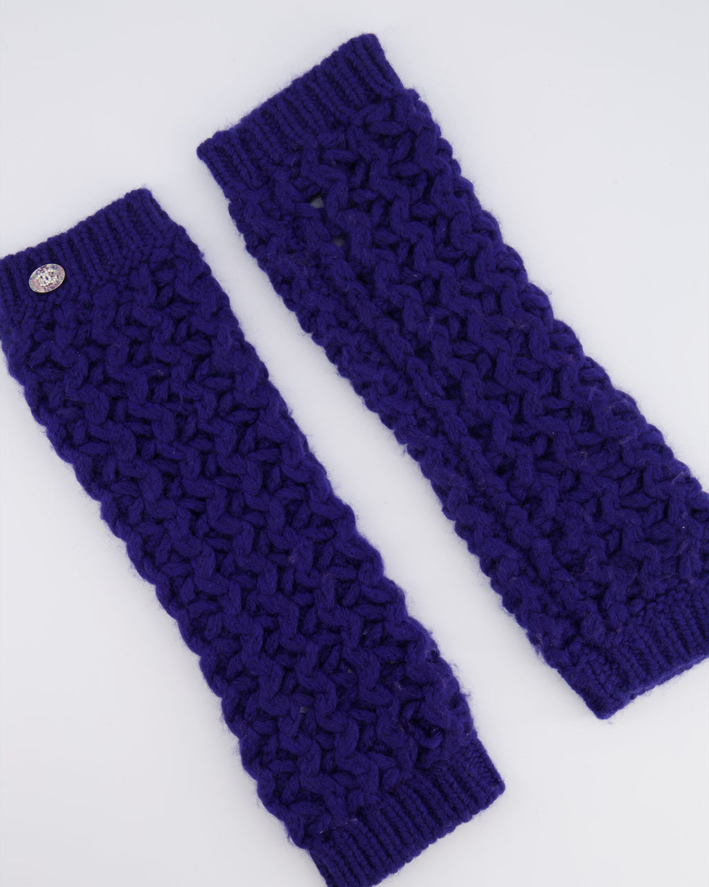 Chanel Resort 2023 Blue Knitted Wool Handwarmers with Multi-Colour Crystal Embellished CC Logo Detail Size S