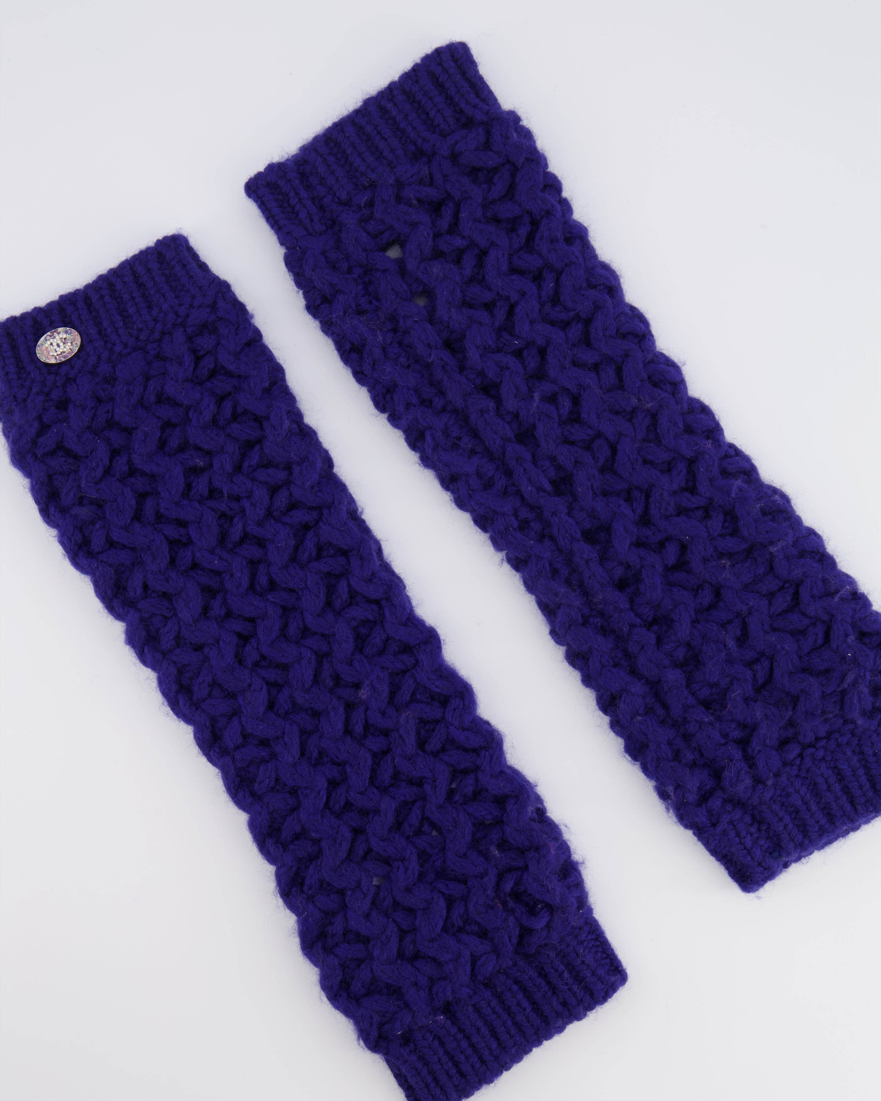 Chanel Resort 2023 Blue Knitted Wool Handwarmers with Multi-Colour Crystal Embellished CC Logo Detail Size S