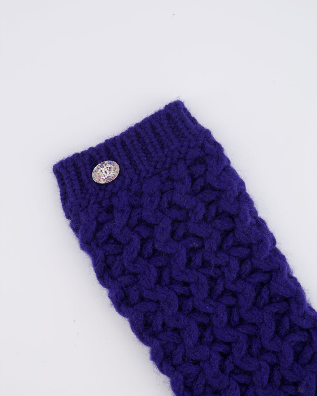 Chanel Resort 2023 Blue Knitted Wool Handwarmers with Multi-Colour Crystal Embellished CC Logo Detail Size S