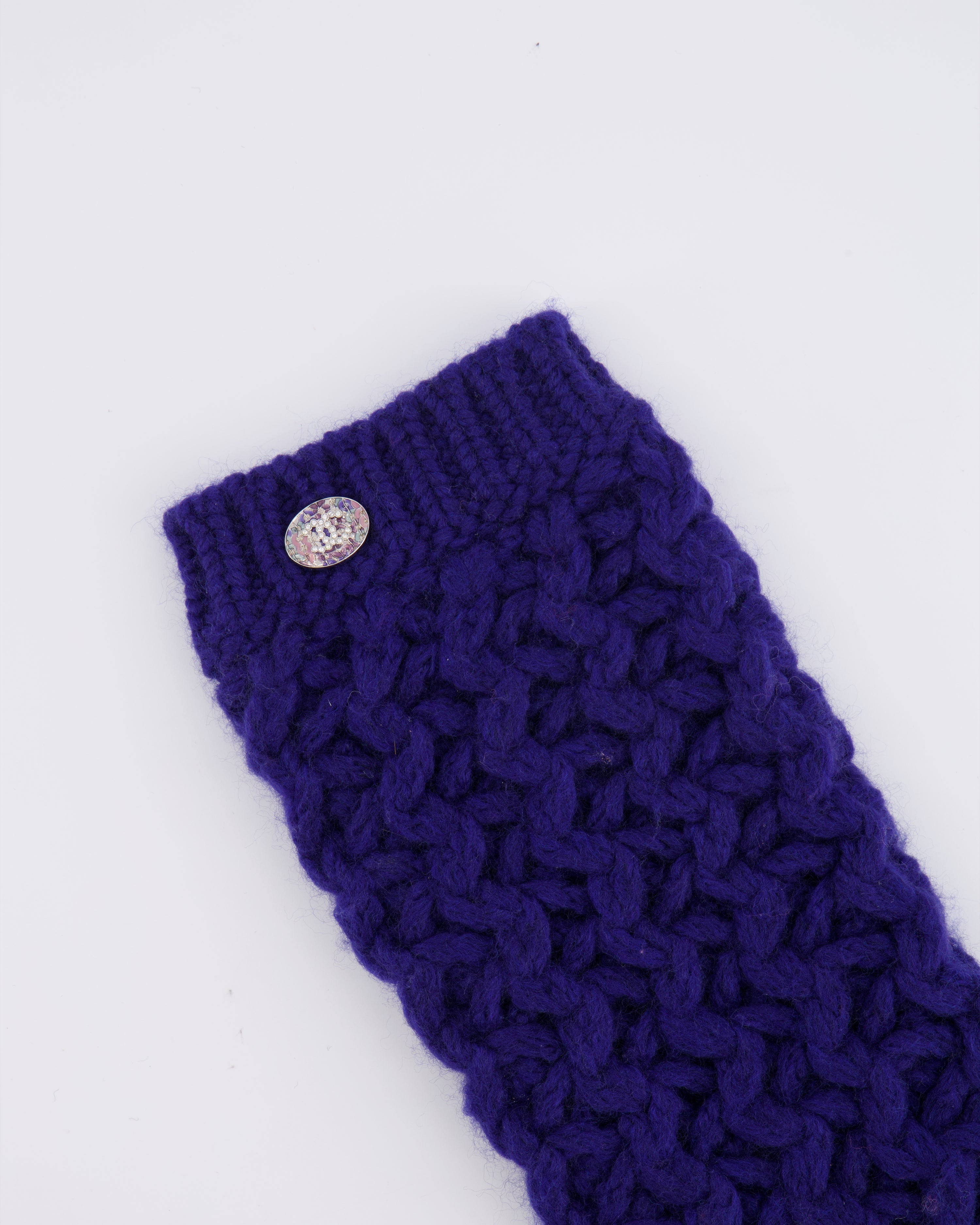 Chanel Resort 2023 Blue Knitted Wool Handwarmers with Multi-Colour Crystal Embellished CC Logo Detail Size S