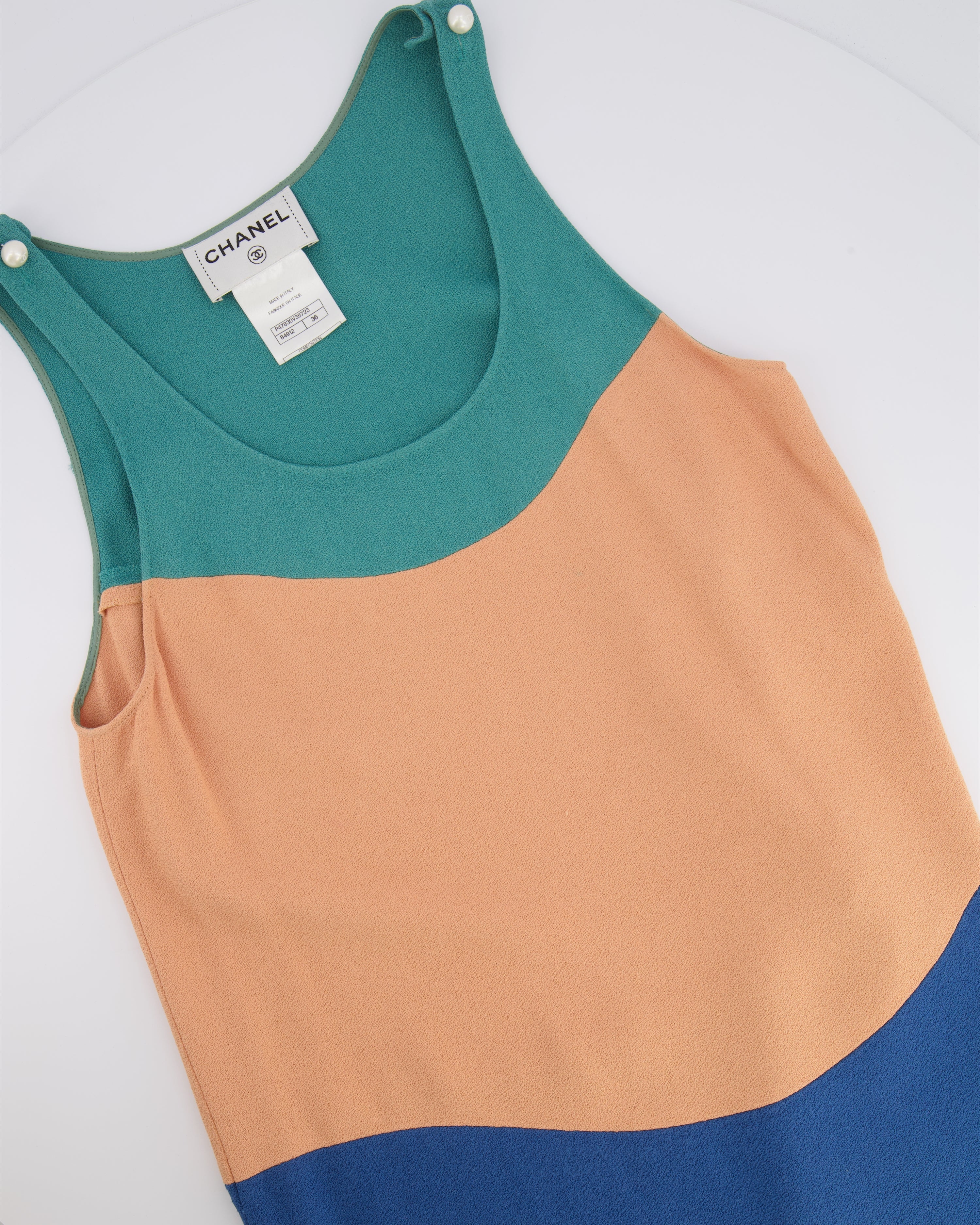 Chanel 14P Teal, Orange and Blue Sleeveless Top with White CC Logo Pearl Details Size FR 36 (UK 8)