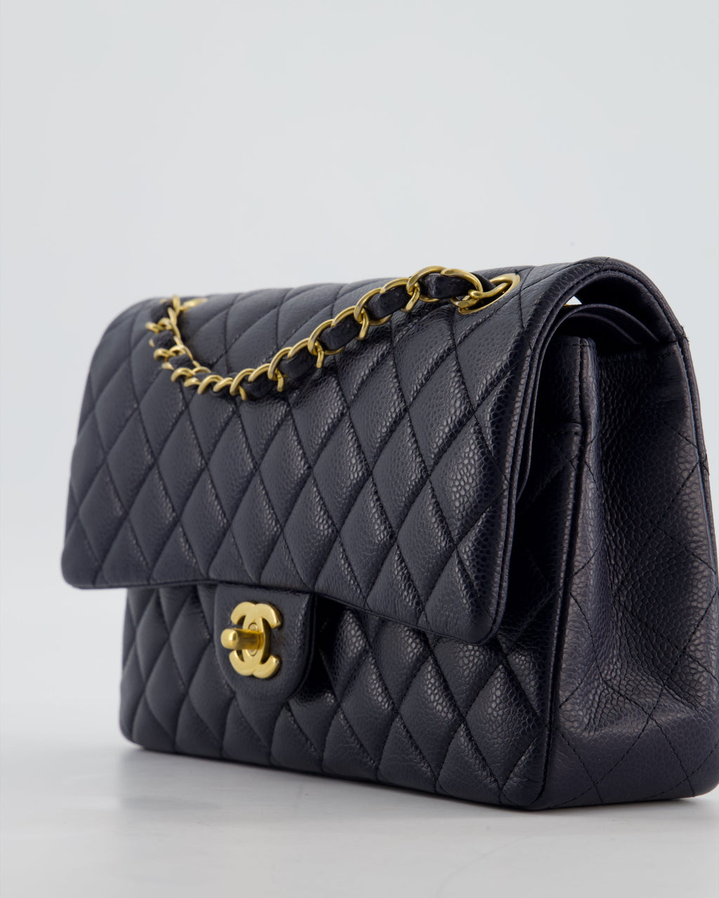Chanel Medium Navy Classic Double Flap Bag in Caviar Leather with Aged Brushed Gold Hardware