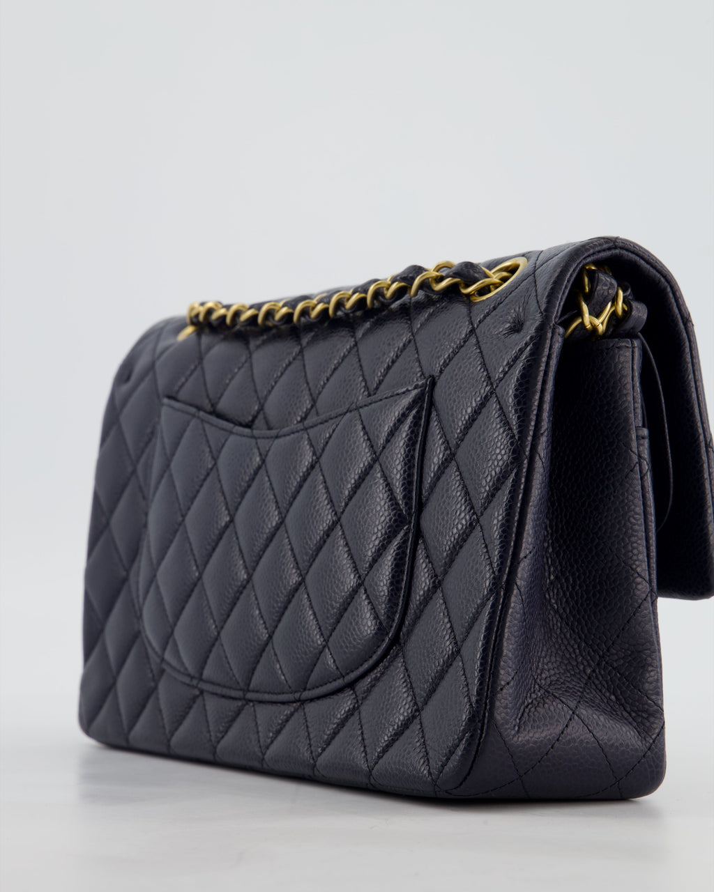 Chanel Medium Navy Classic Double Flap Bag in Caviar Leather with Aged Brushed Gold Hardware