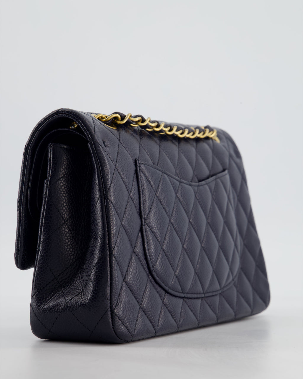 Chanel Medium Navy Classic Double Flap Bag in Caviar Leather with Aged Brushed Gold Hardware