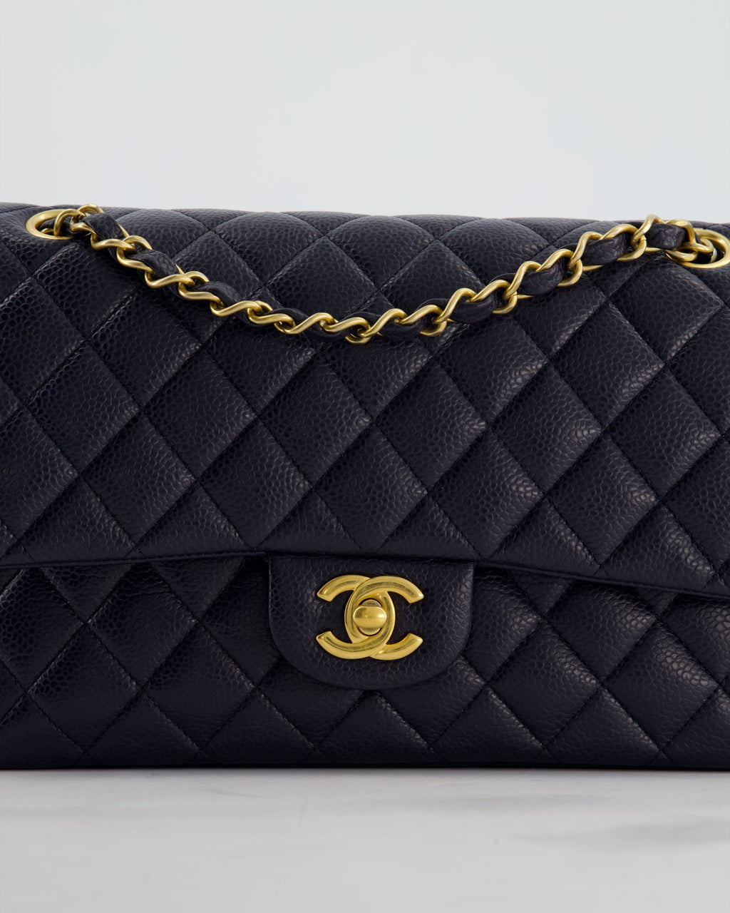 Chanel Medium Navy Classic Double Flap Bag in Caviar Leather with Aged Brushed Gold Hardware