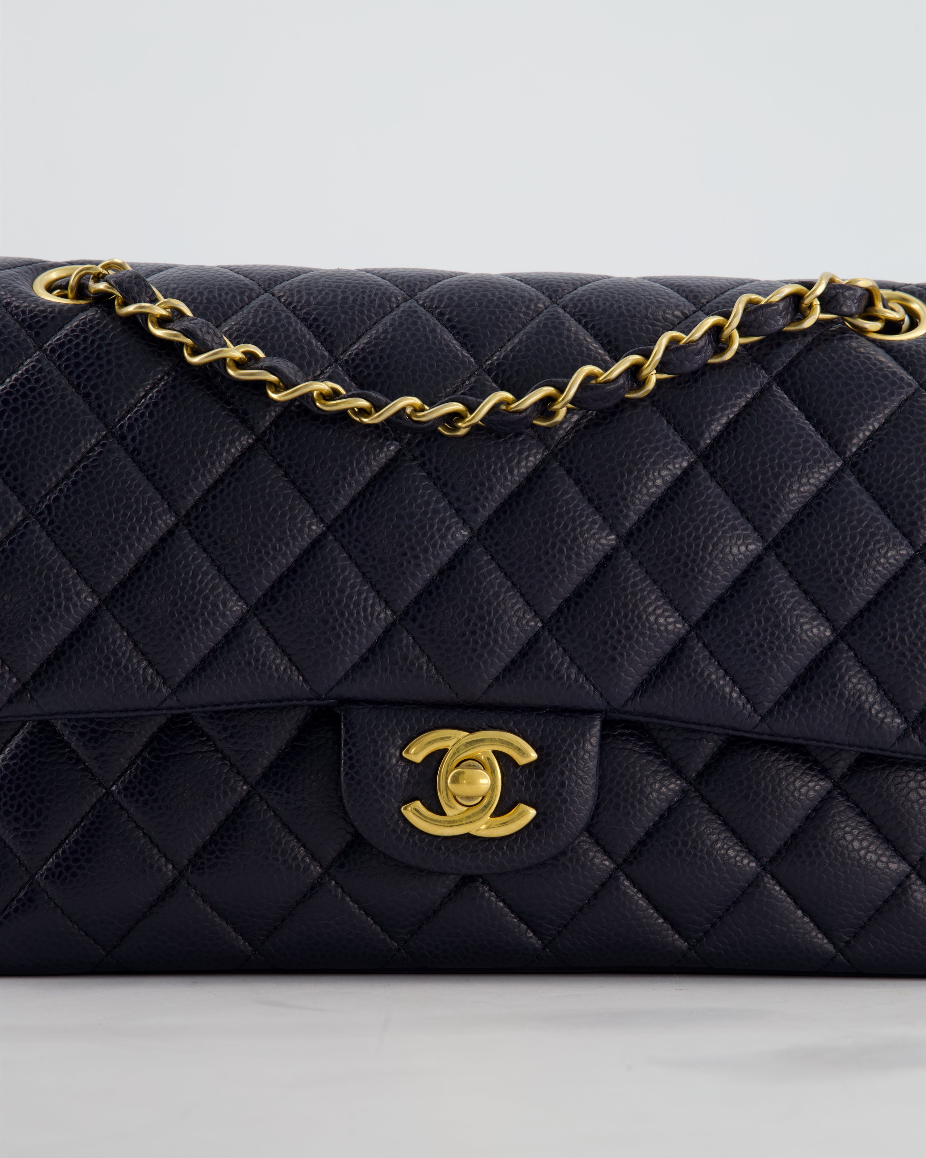 Chanel Medium Navy Classic Double Flap Bag in Caviar Leather with Aged Brushed Gold Hardware