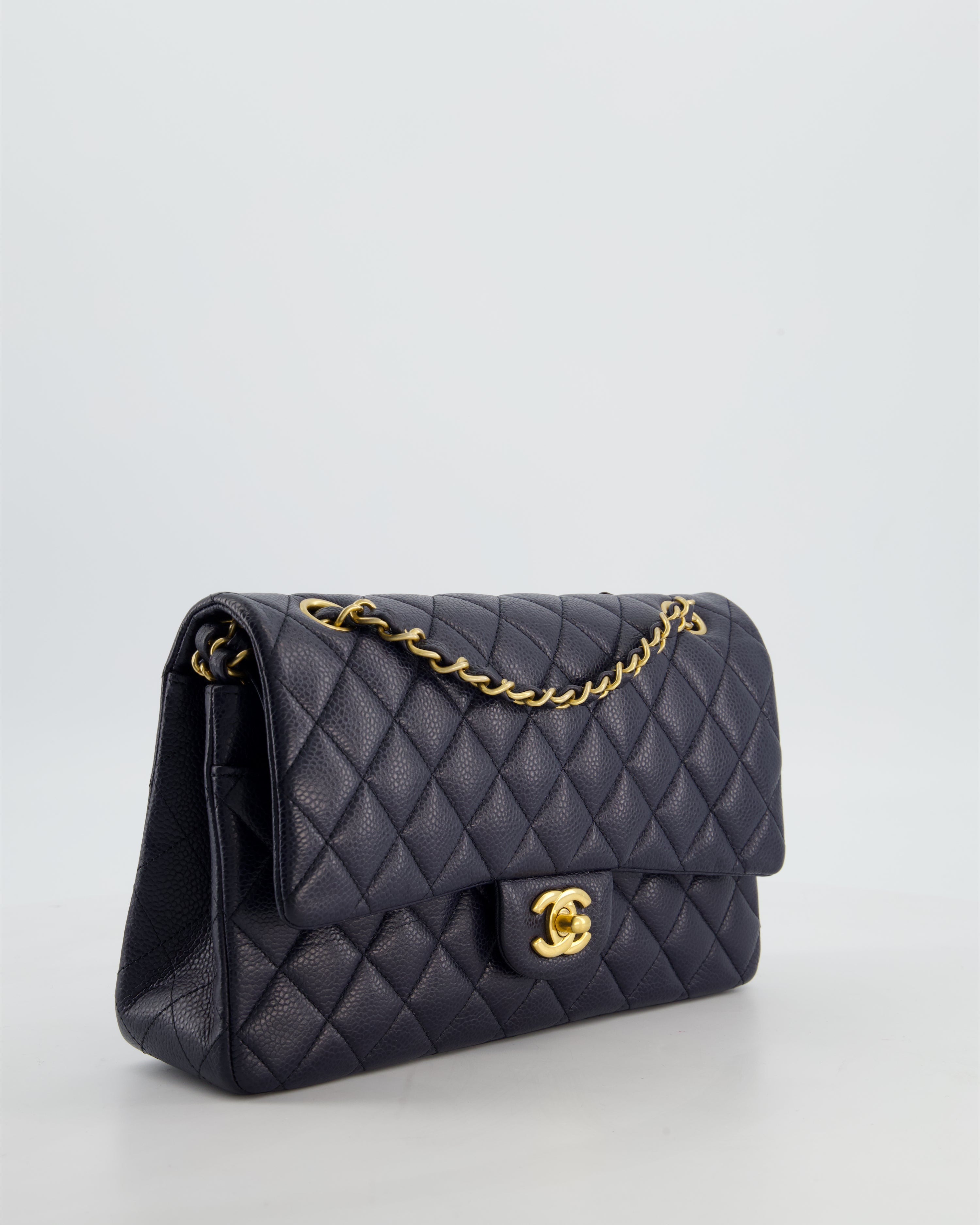 Chanel Medium Navy Classic Double Flap Bag in Caviar Leather with Aged Brushed Gold Hardware