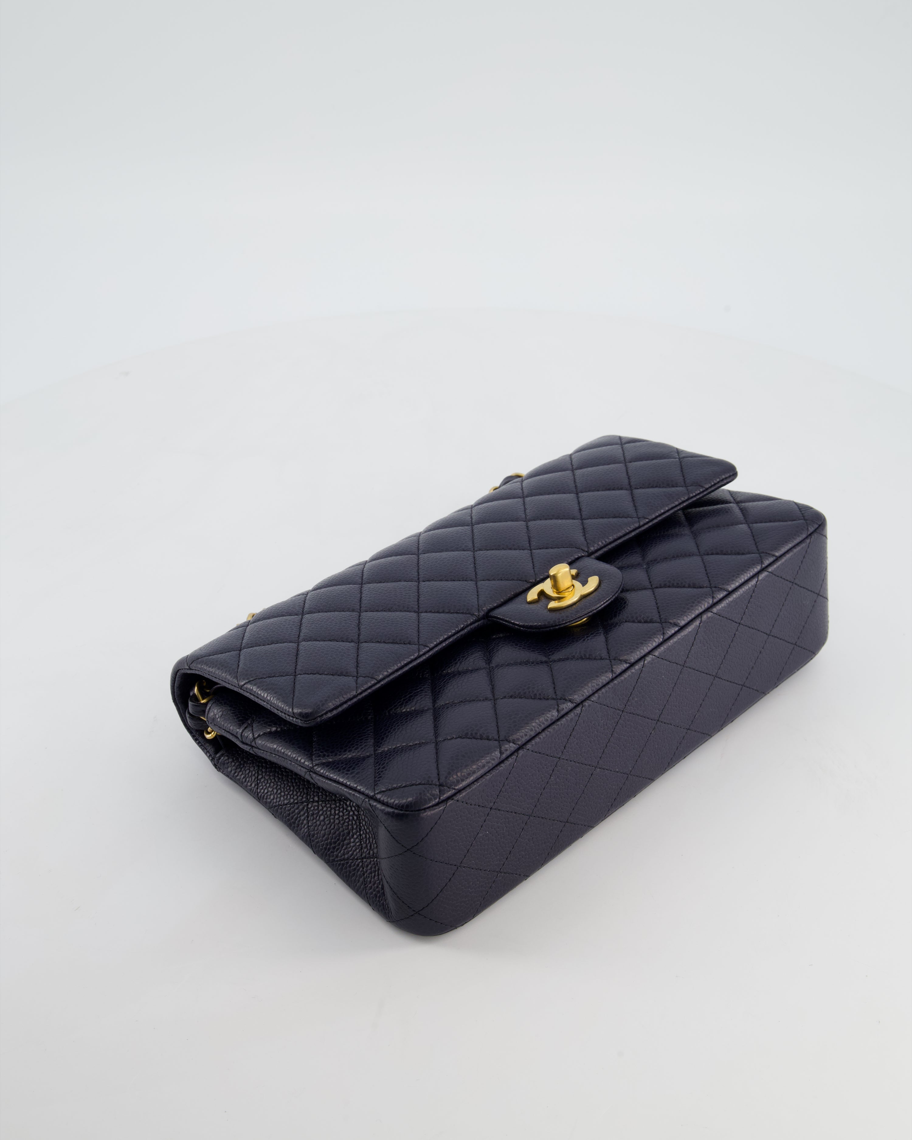 Chanel Medium Navy Classic Double Flap Bag in Caviar Leather with Aged Brushed Gold Hardware