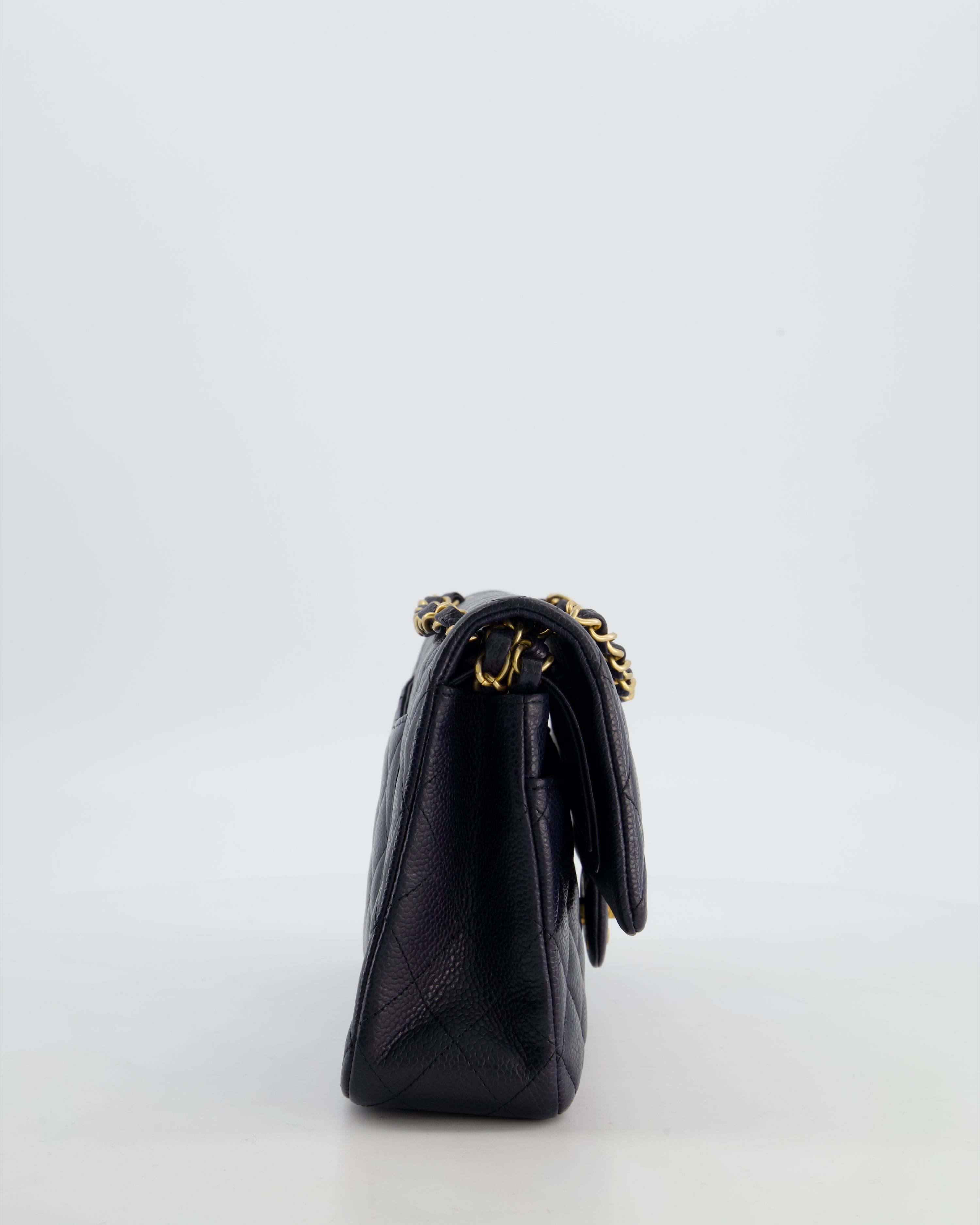 Chanel Medium Navy Classic Double Flap Bag in Caviar Leather with Aged Brushed Gold Hardware