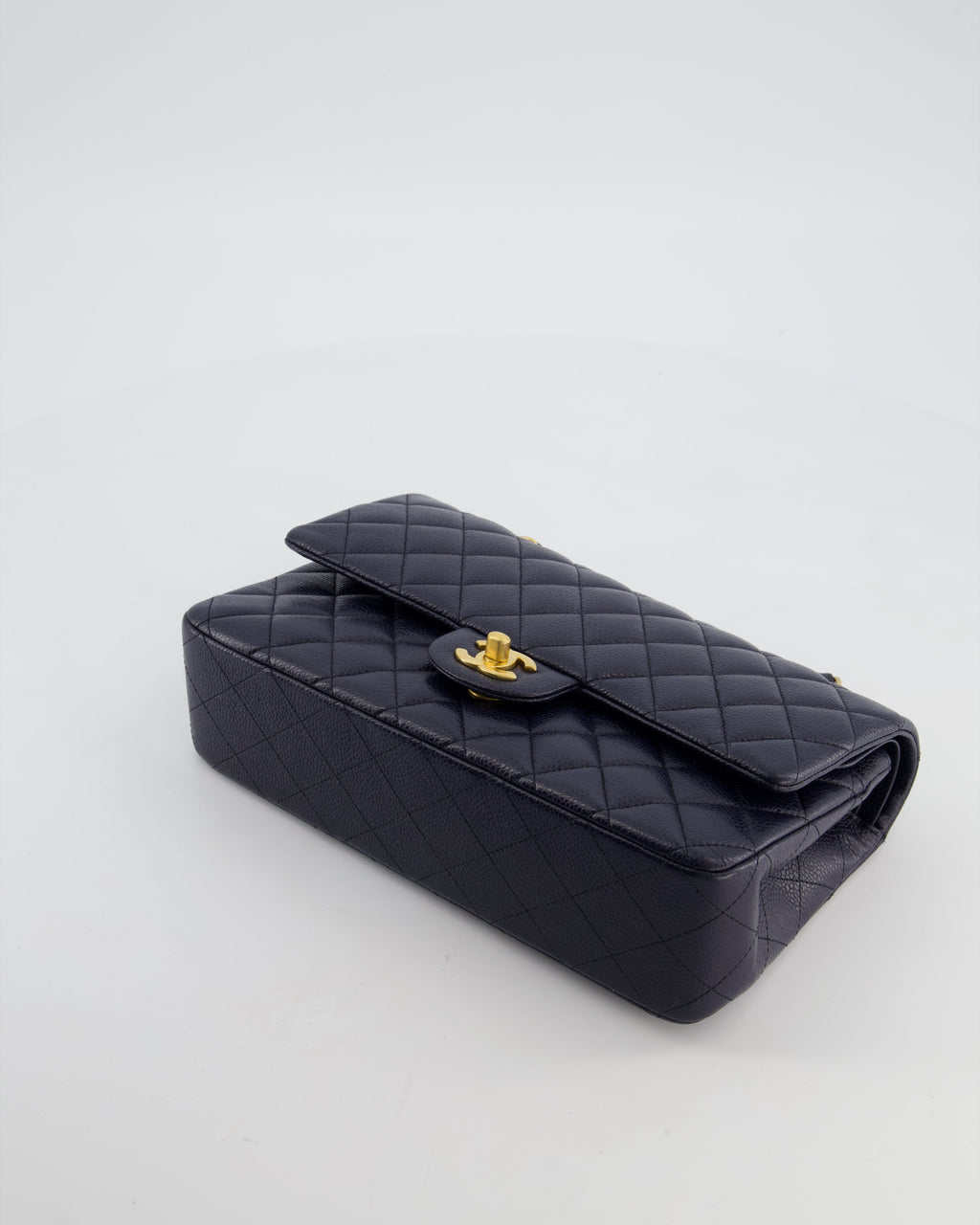Chanel Medium Navy Classic Double Flap Bag in Caviar Leather with Aged Brushed Gold Hardware