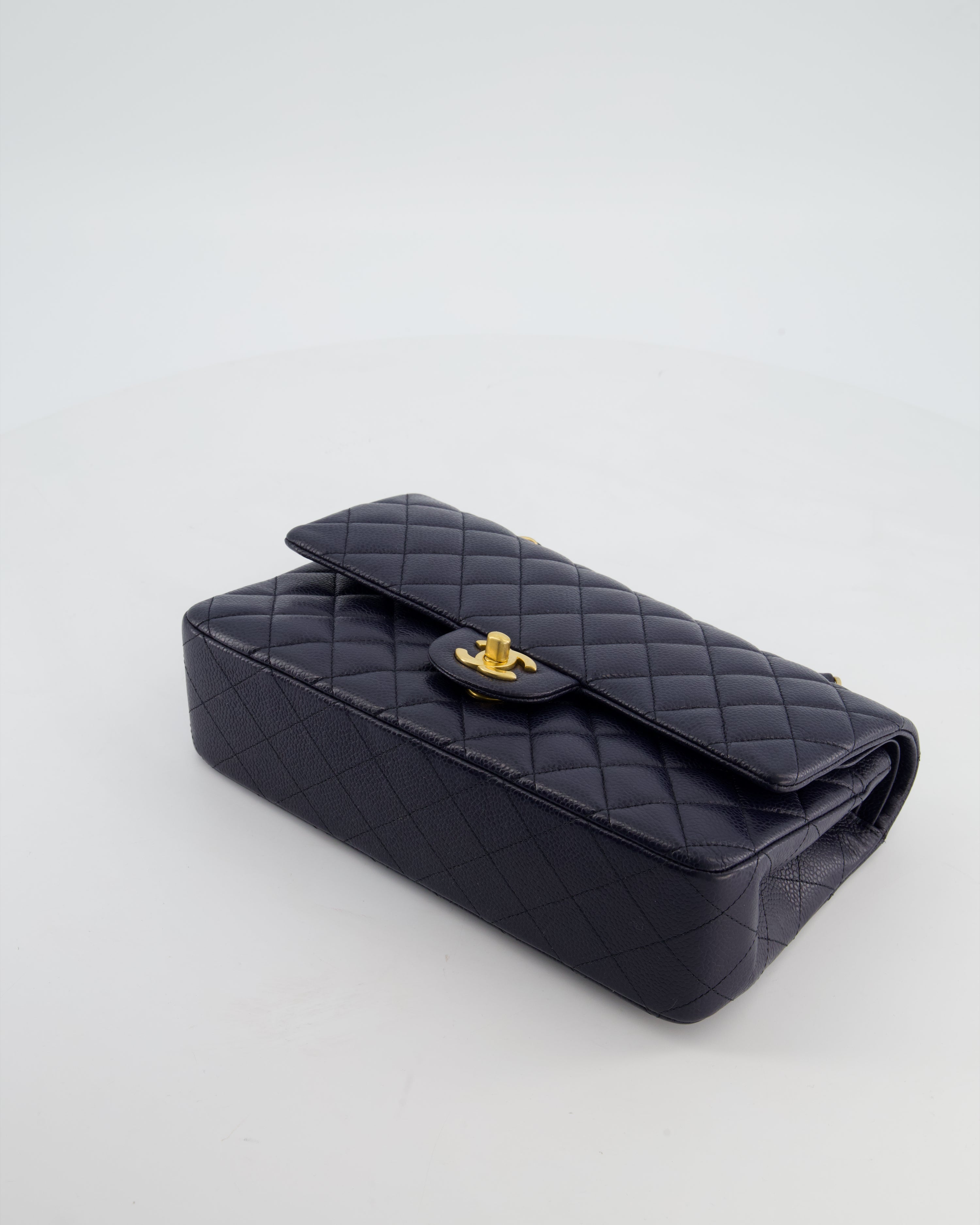 Chanel Medium Navy Classic Double Flap Bag in Caviar Leather with Aged Brushed Gold Hardware