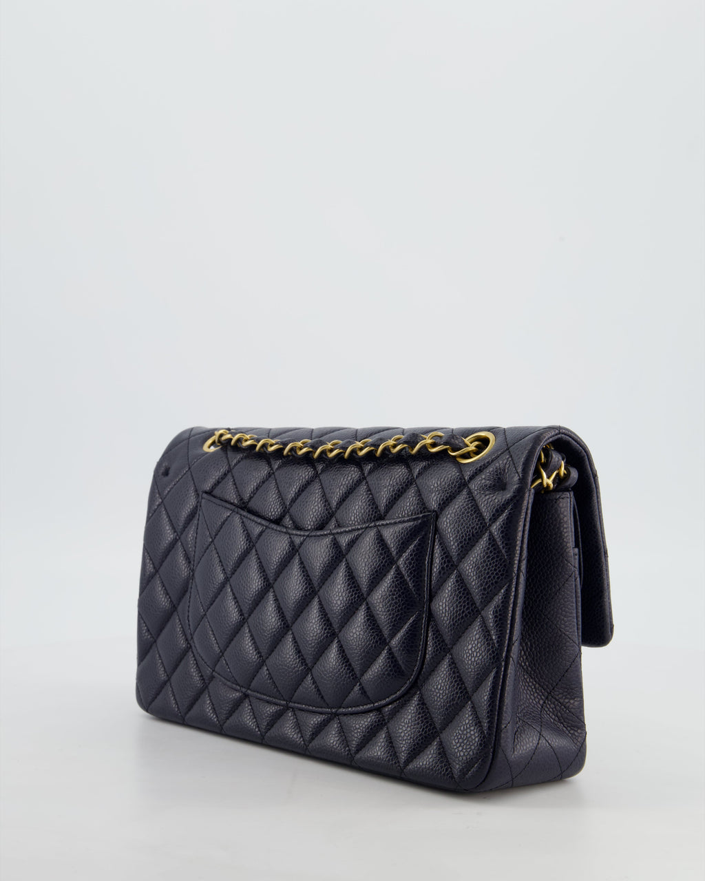 Chanel Medium Navy Classic Double Flap Bag in Caviar Leather with Aged Brushed Gold Hardware