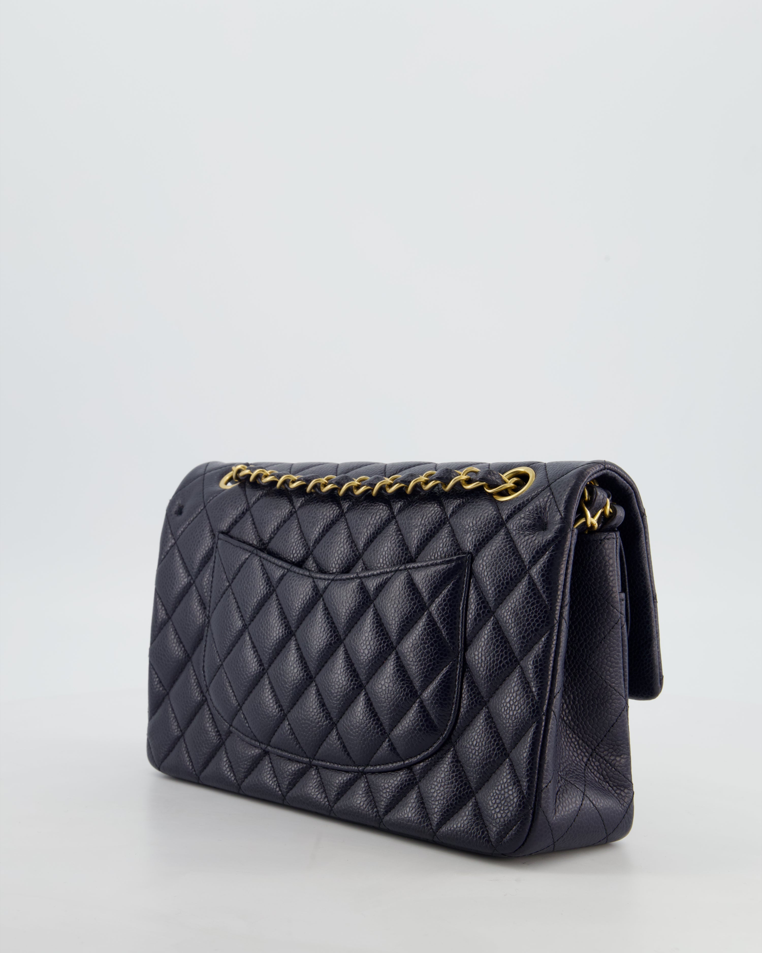 Chanel Medium Navy Classic Double Flap Bag in Caviar Leather with Aged Brushed Gold Hardware