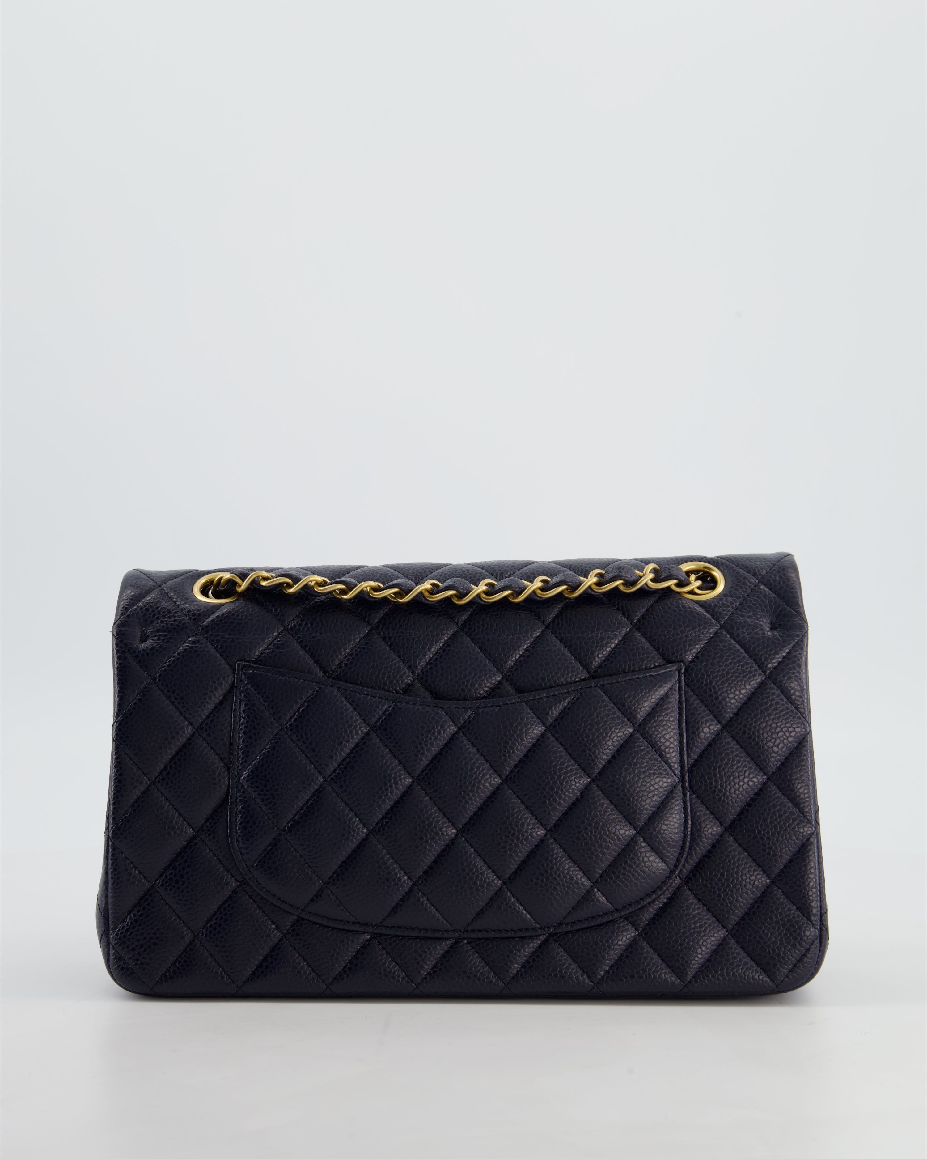 Chanel Medium Navy Classic Double Flap Bag in Caviar Leather with Aged Brushed Gold Hardware