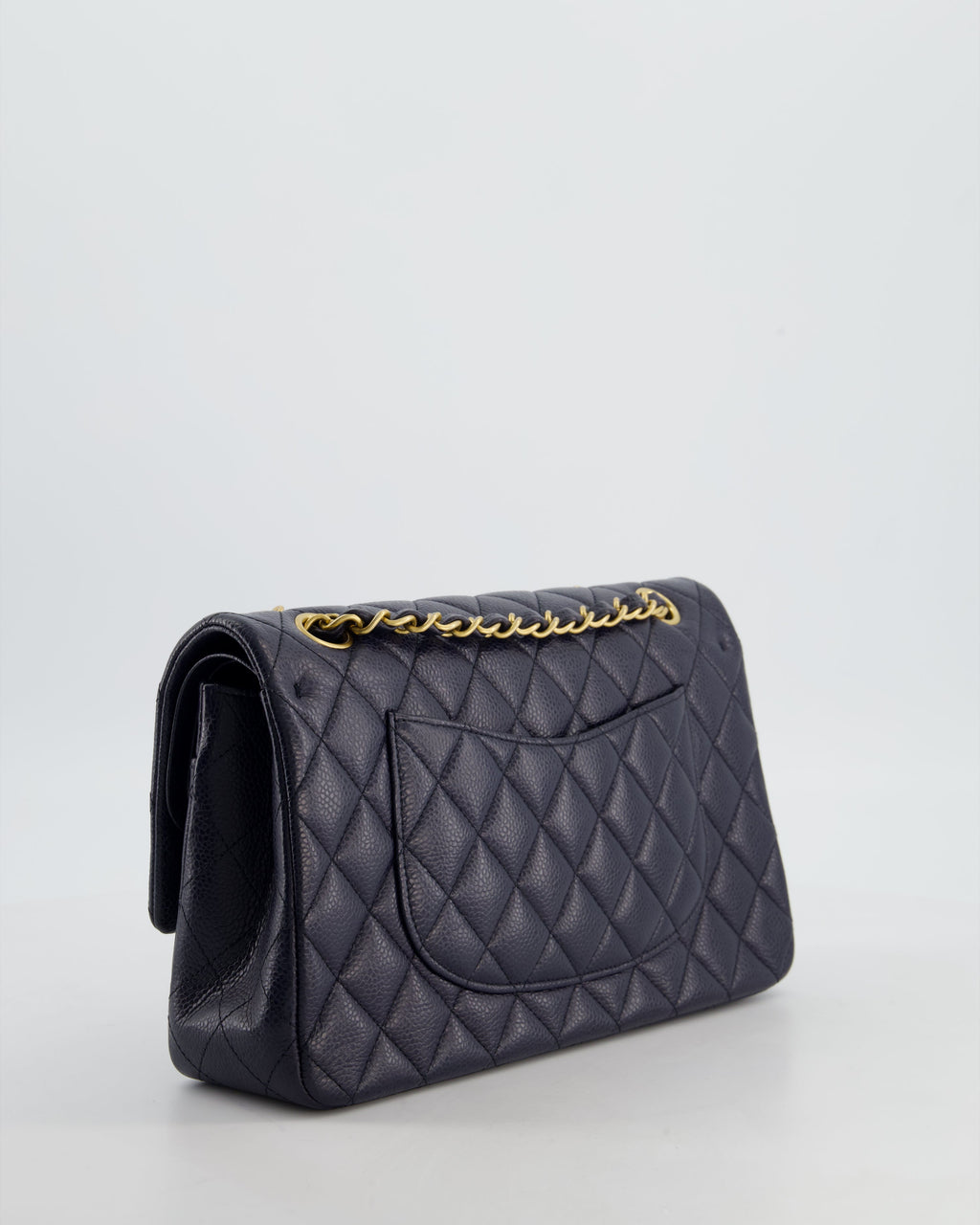 Chanel Medium Navy Classic Double Flap Bag in Caviar Leather with Aged Brushed Gold Hardware