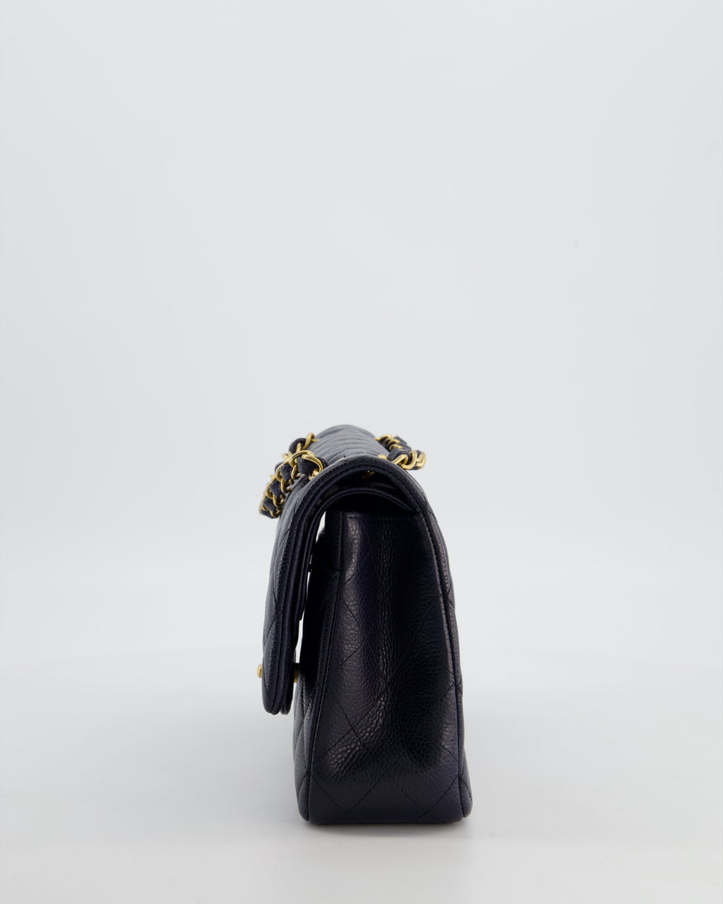 Chanel Medium Navy Classic Double Flap Bag in Caviar Leather with Aged Brushed Gold Hardware