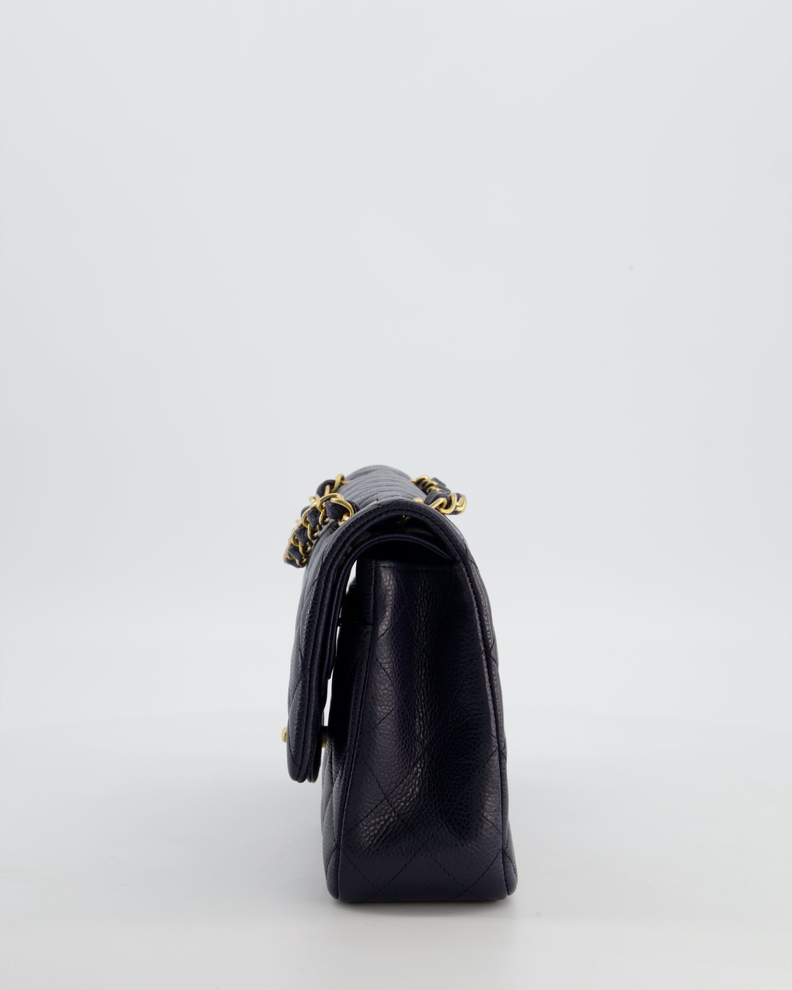 Chanel Medium Navy Classic Double Flap Bag in Caviar Leather with Aged Brushed Gold Hardware