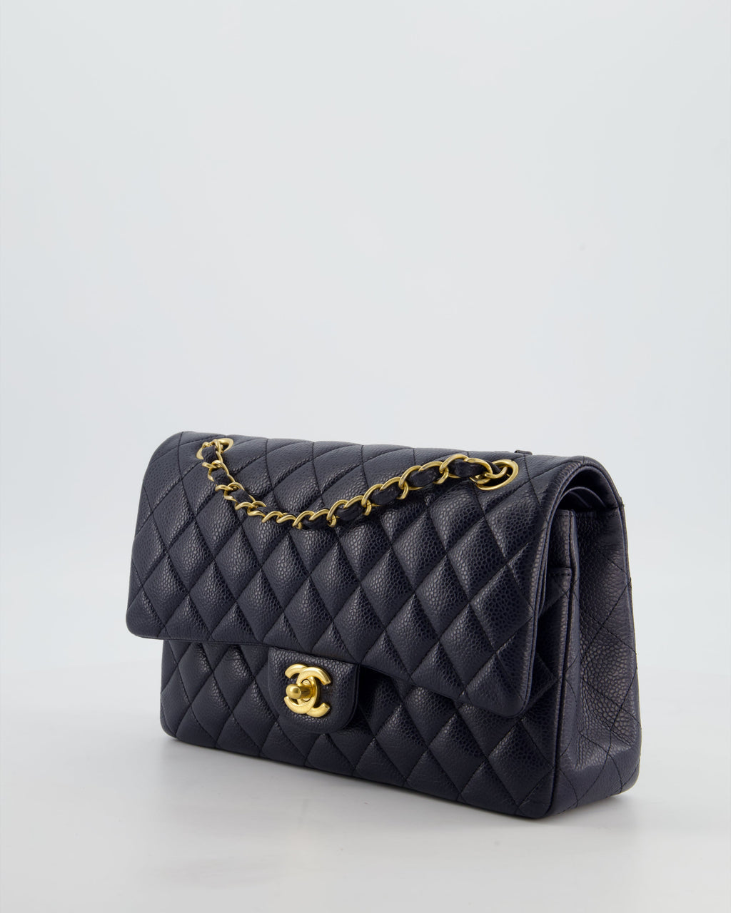 Chanel Medium Navy Classic Double Flap Bag in Caviar Leather with Aged Brushed Gold Hardware