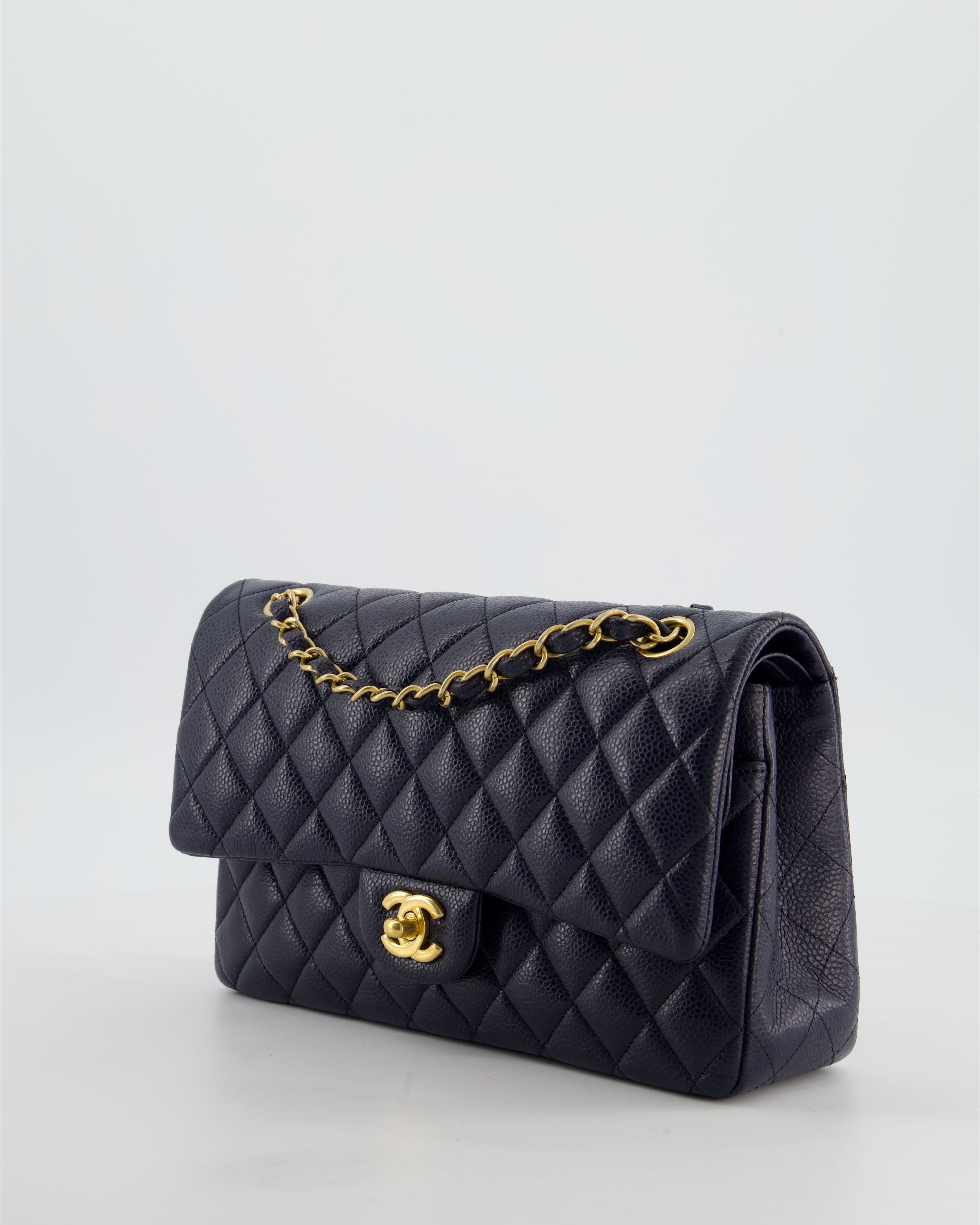 Chanel Medium Navy Classic Double Flap Bag in Caviar Leather with Aged Brushed Gold Hardware