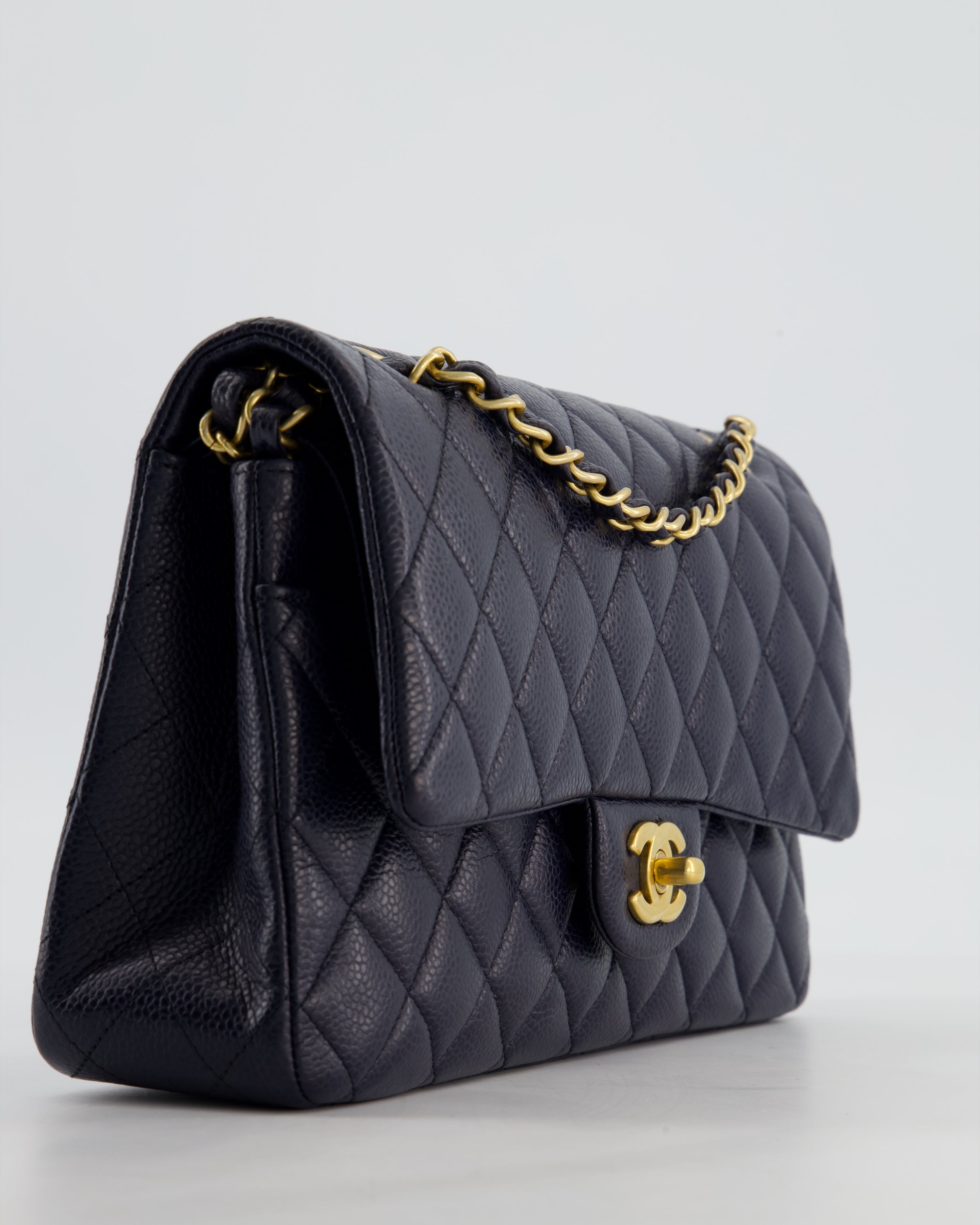 Chanel Medium Navy Classic Double Flap Bag in Caviar Leather with Aged Brushed Gold Hardware