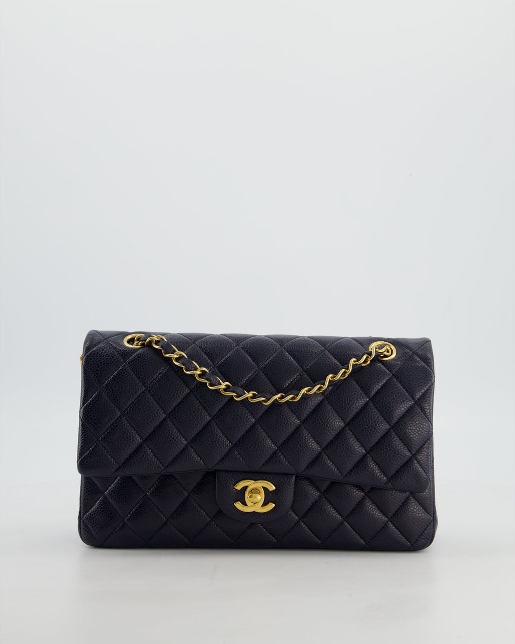 Chanel Medium Navy Classic Double Flap Bag in Caviar Leather with Aged Brushed Gold Hardware