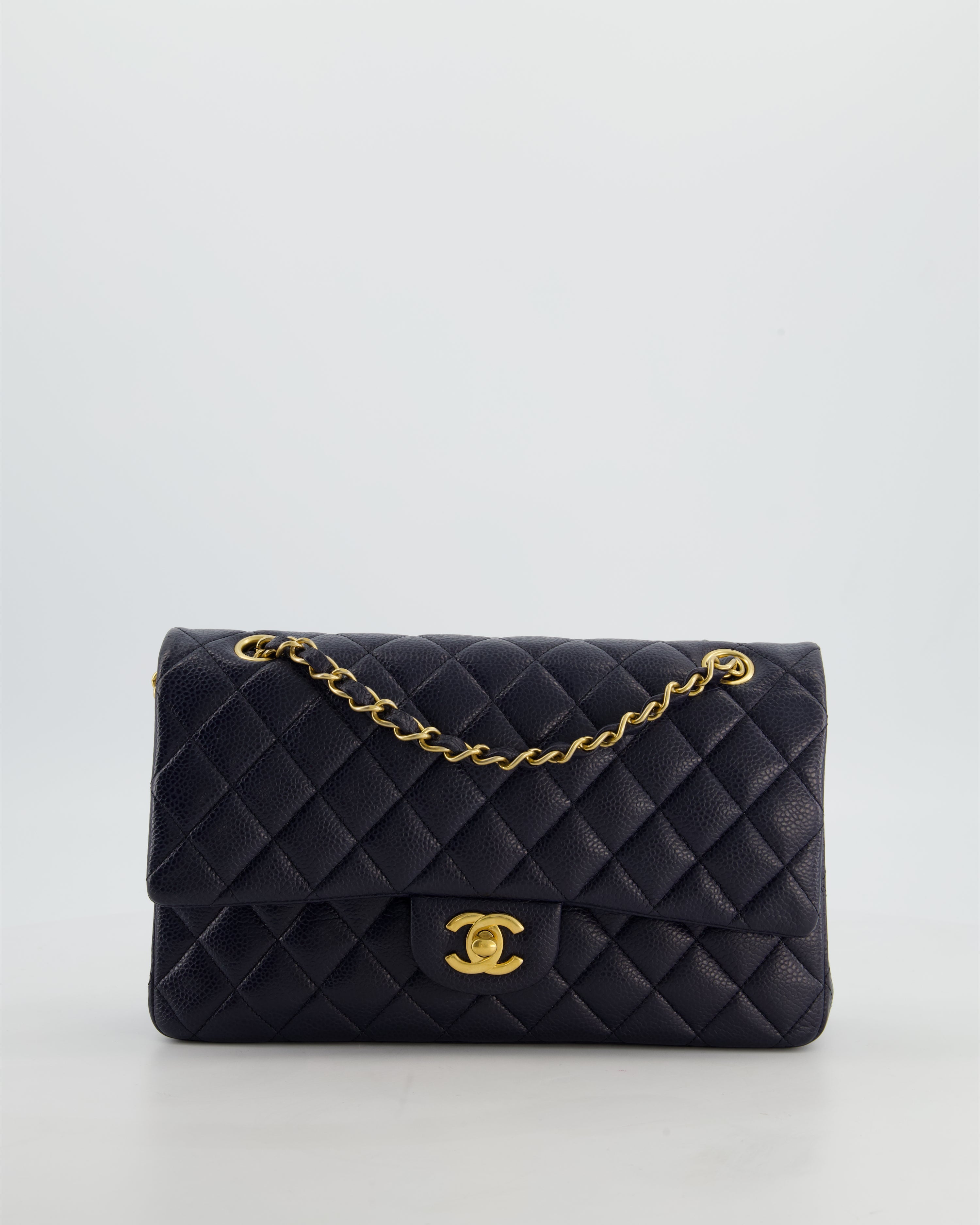 Chanel Medium Navy Classic Double Flap Bag in Caviar Leather with Aged Brushed Gold Hardware
