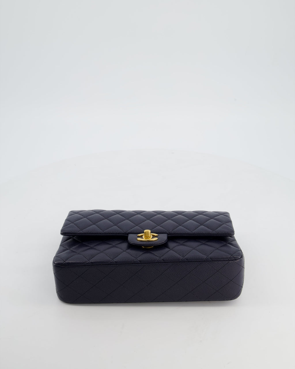 Chanel Medium Navy Classic Double Flap Bag in Caviar Leather with Aged Brushed Gold Hardware
